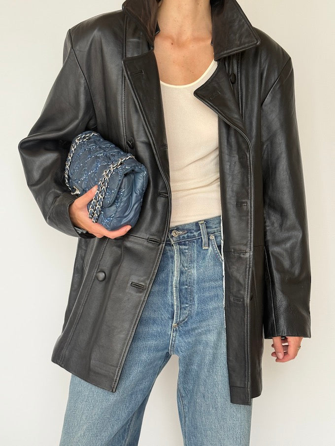 Vintage Double-Breasted Leather Jacket Black 5725