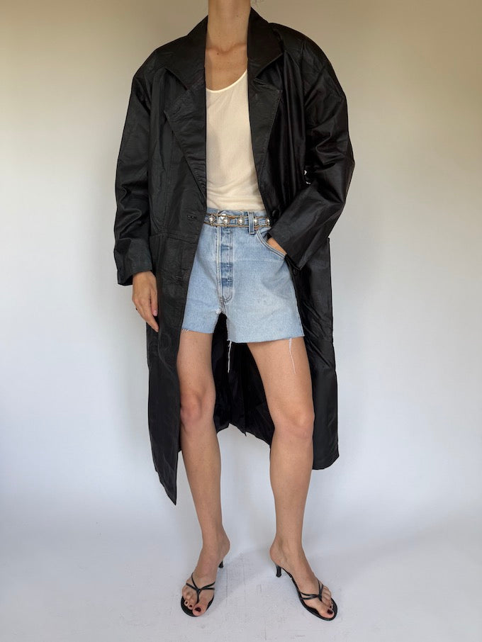 Vintage Long Leather Jacket Black 6349