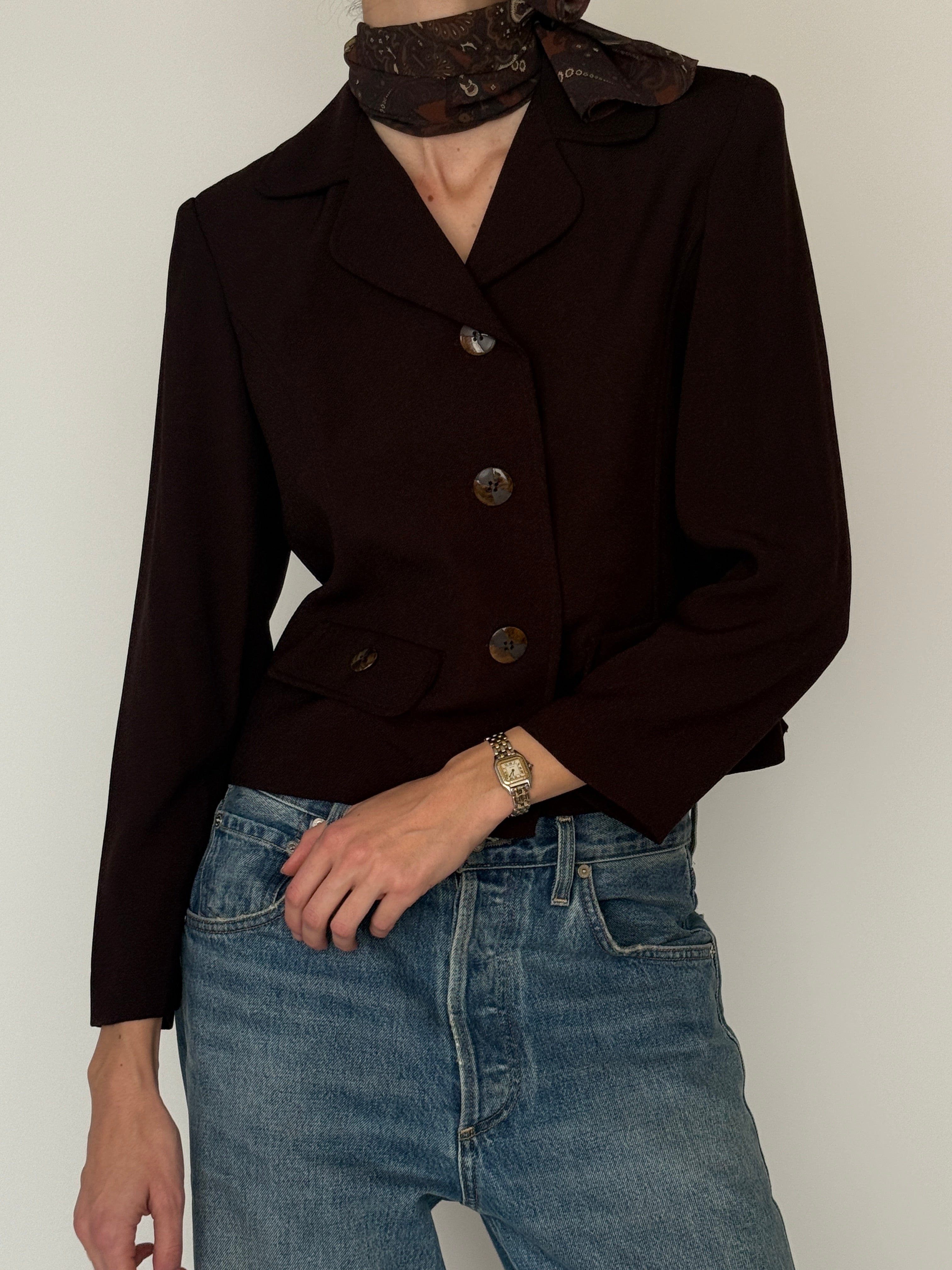 Vintage Cropped Blazer With Attached Scarf Dark Brown