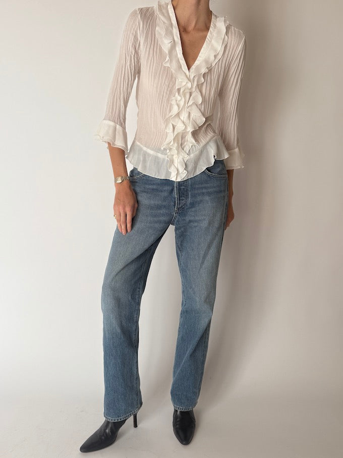 Vintage Ruffled Sheer Blouse Ivory 6660