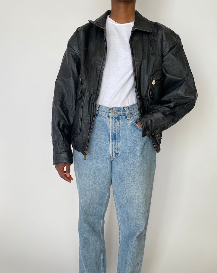 VINTAGE OVERSIZED BLACK LEATHER JACKET 3876