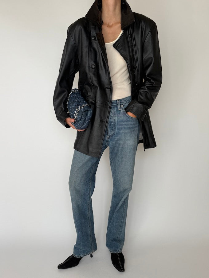 Vintage Double-Breasted Leather Jacket Black 5725