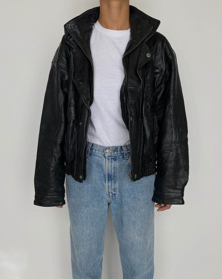 VINTAGE BLACK BOXY LEATHER JACKET 2452