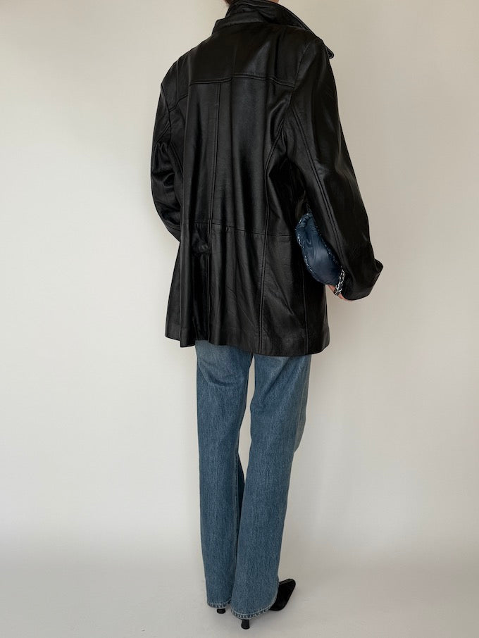 Vintage Double-Breasted Leather Jacket Black 5725