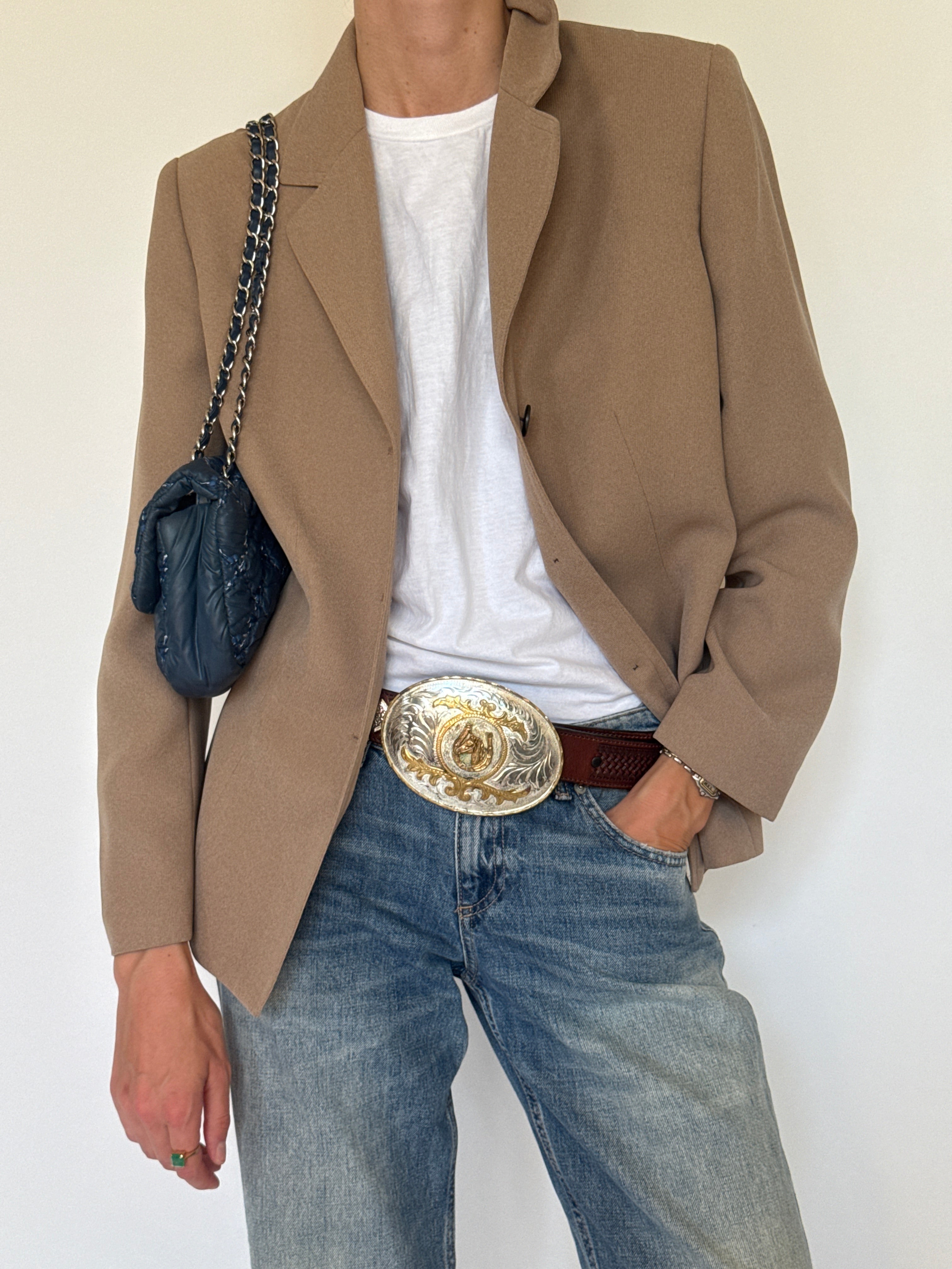 Vintage camel blazer fabric close-up