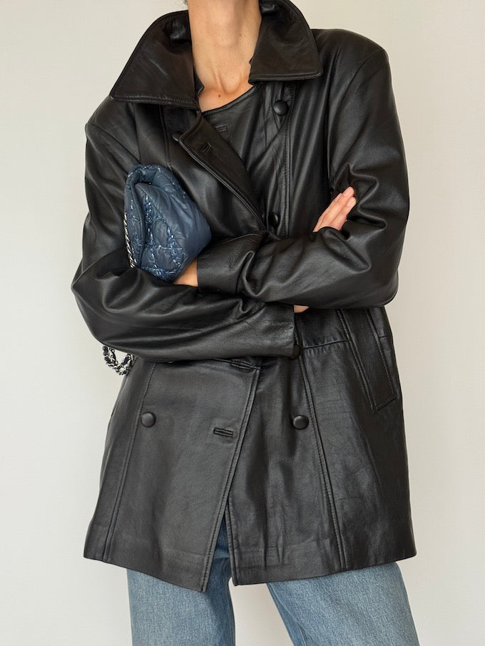 Vintage Double-Breasted Leather Jacket Black 5725