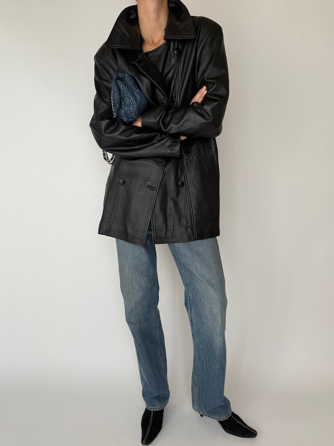 Vintage Double-Breasted Leather Jacket Black 5725