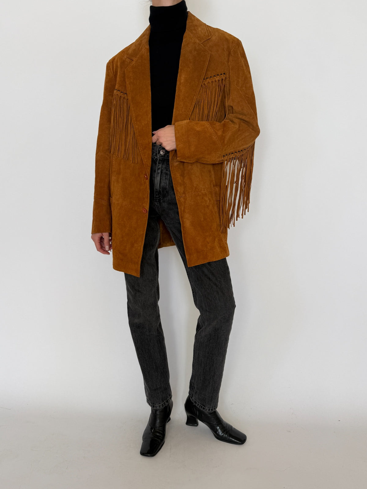Vintage cognac suede fringe blazer