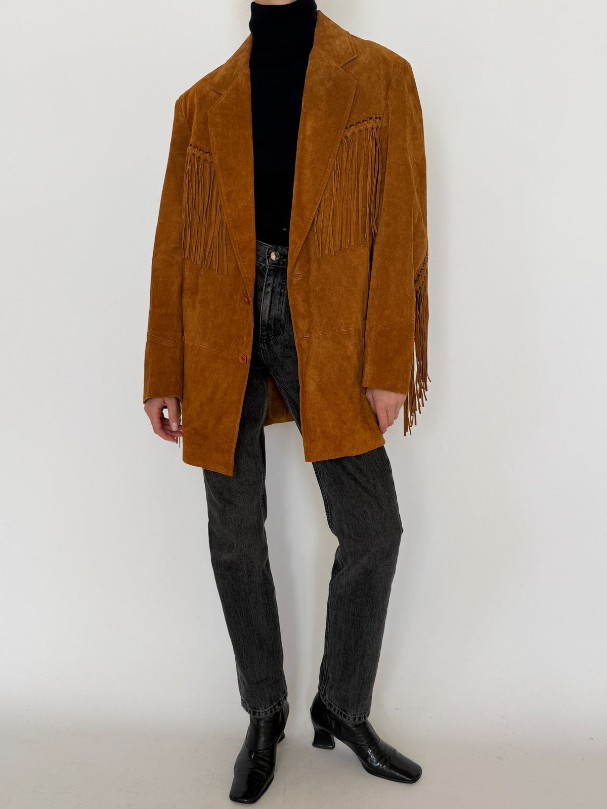 Vintage cognac suede fringe blazer