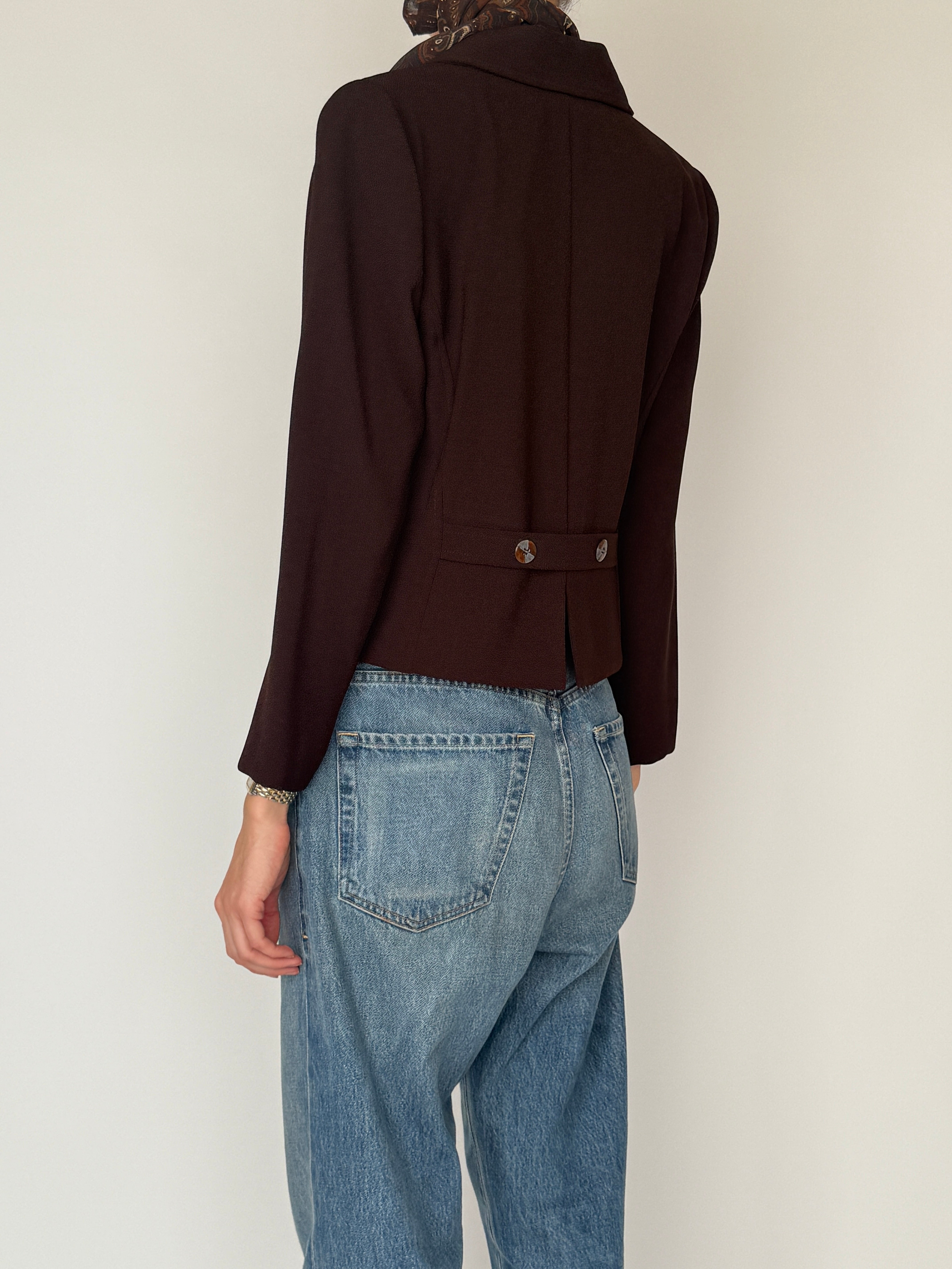 Vintage Cropped Blazer With Attached Scarf Dark Brown