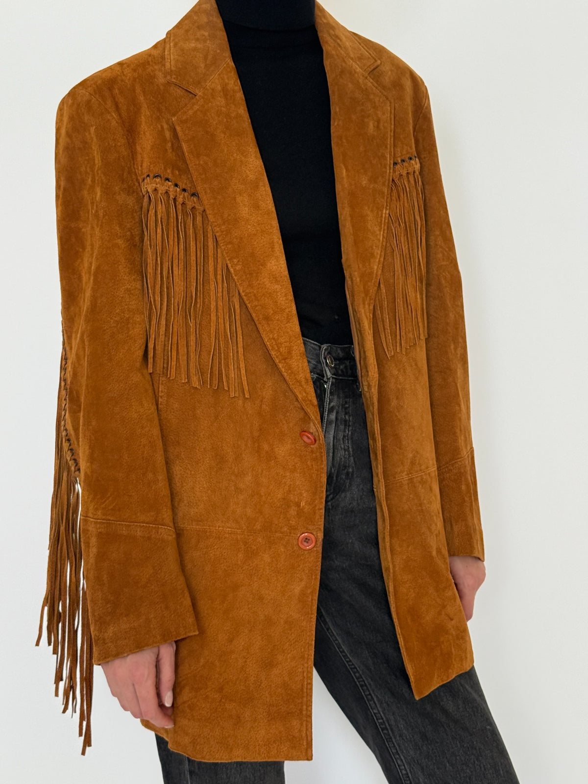 Vintage cognac suede fringe blazer