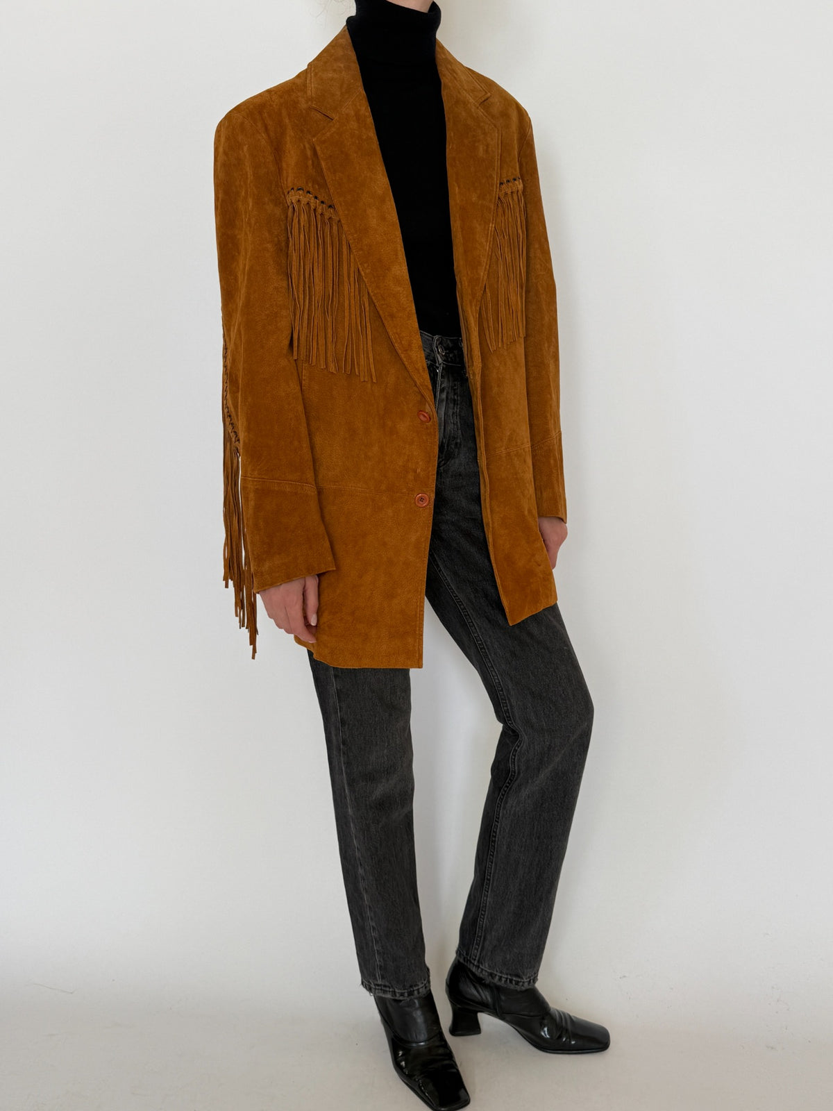 Vintage cognac suede fringe blazer