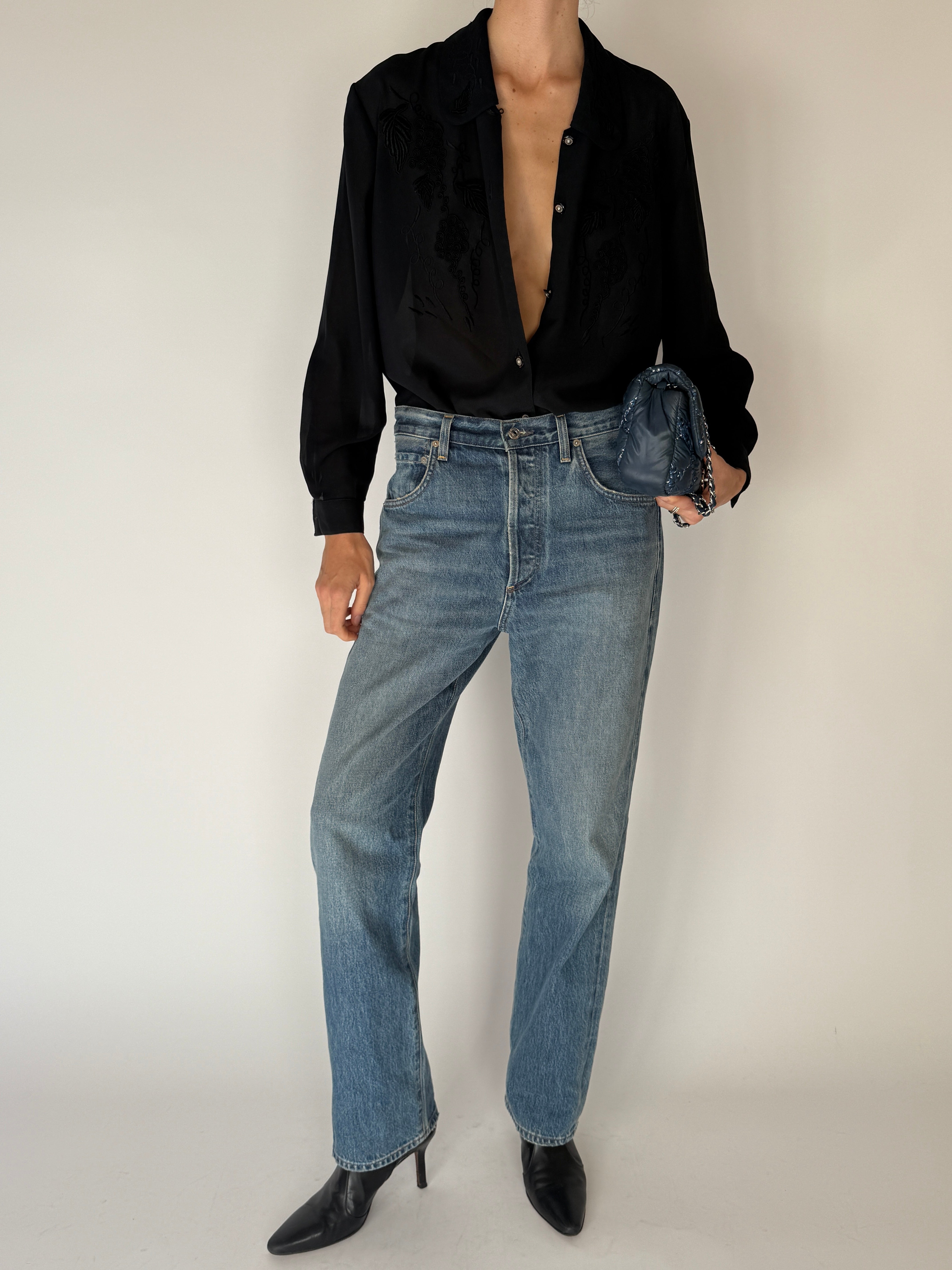 Vintage Embroidered Button-Up Blouse Black 6662