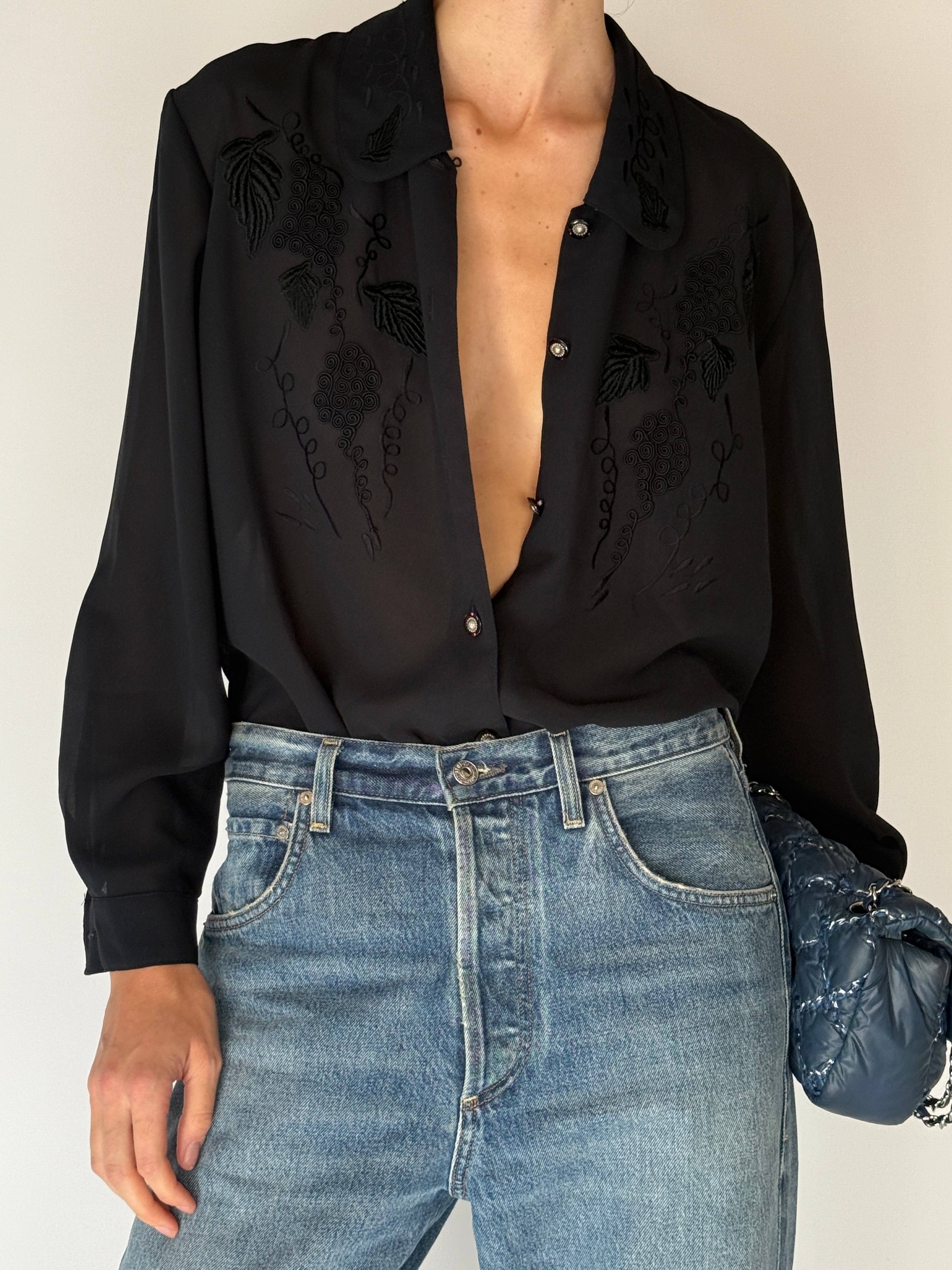 Vintage Embroidered Button-Up Blouse Black 6662