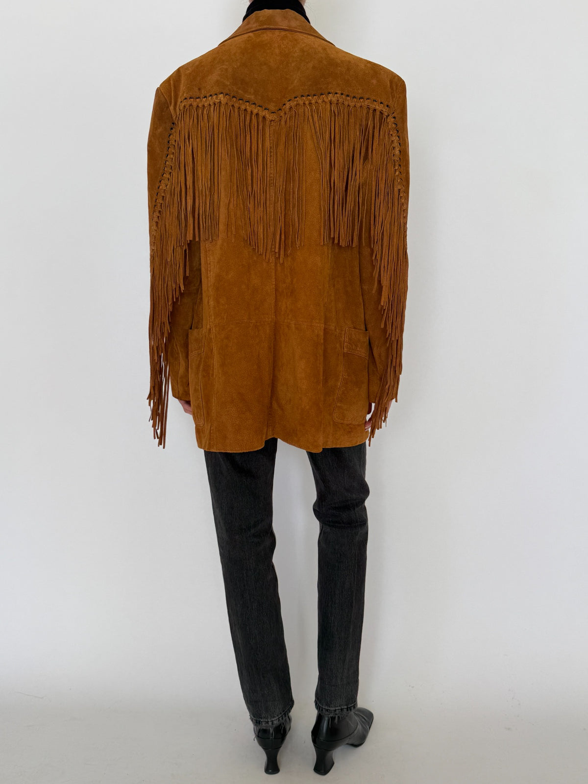 Vintage cognac suede fringe blazer