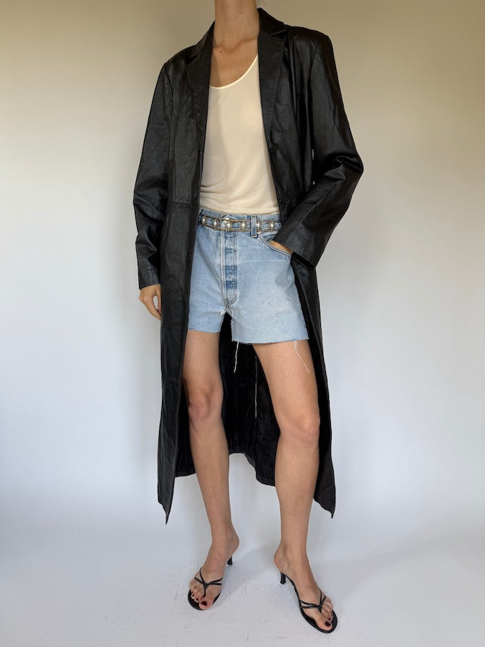 Vintage long leather jacket black 6351