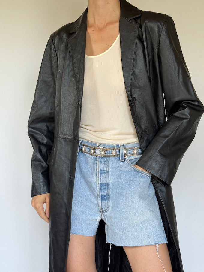 Vintage long leather jacket black 6351