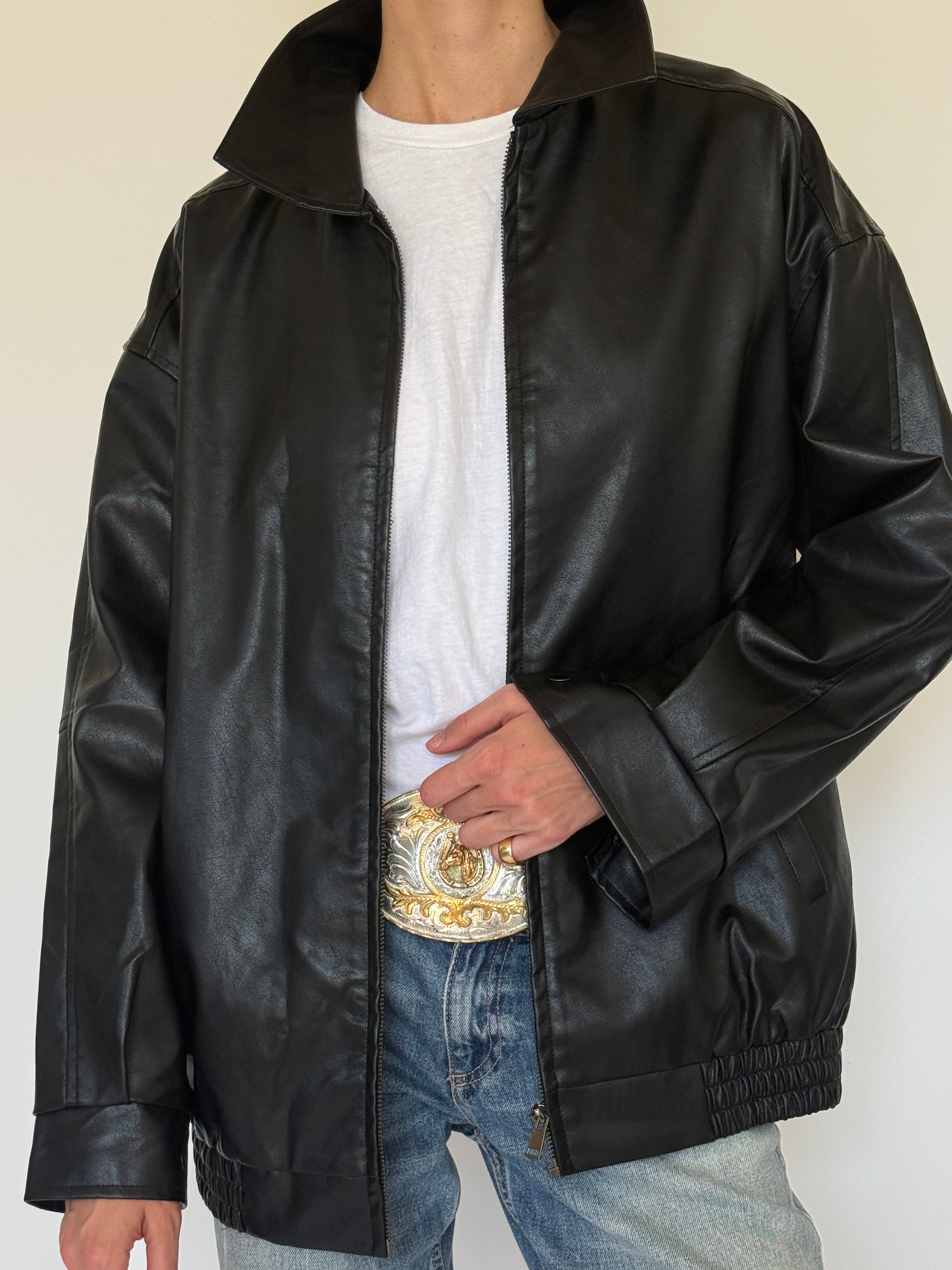 Vintage Faux Leather Zip Jacket Black 7491