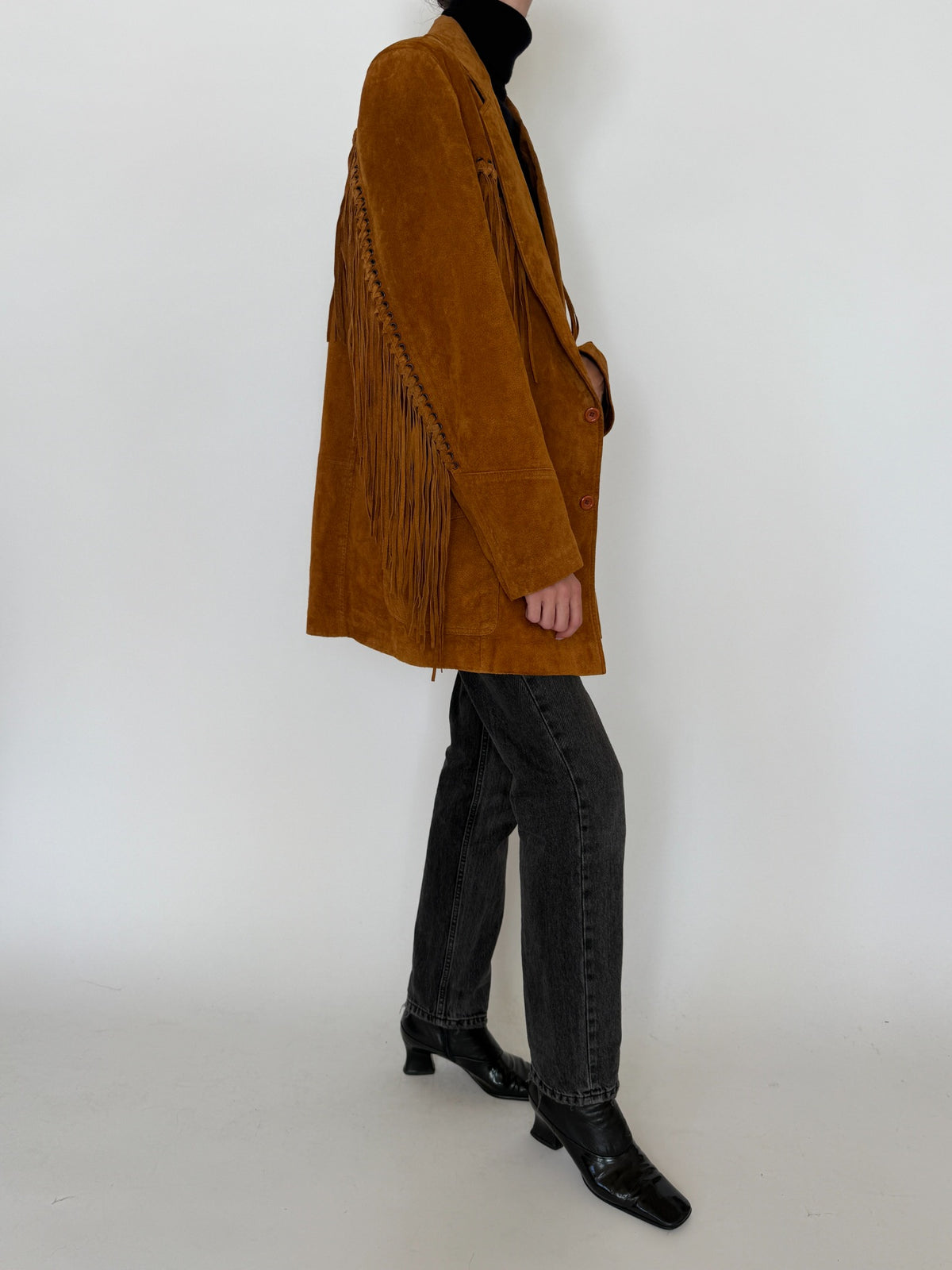 Vintage cognac suede fringe blazer