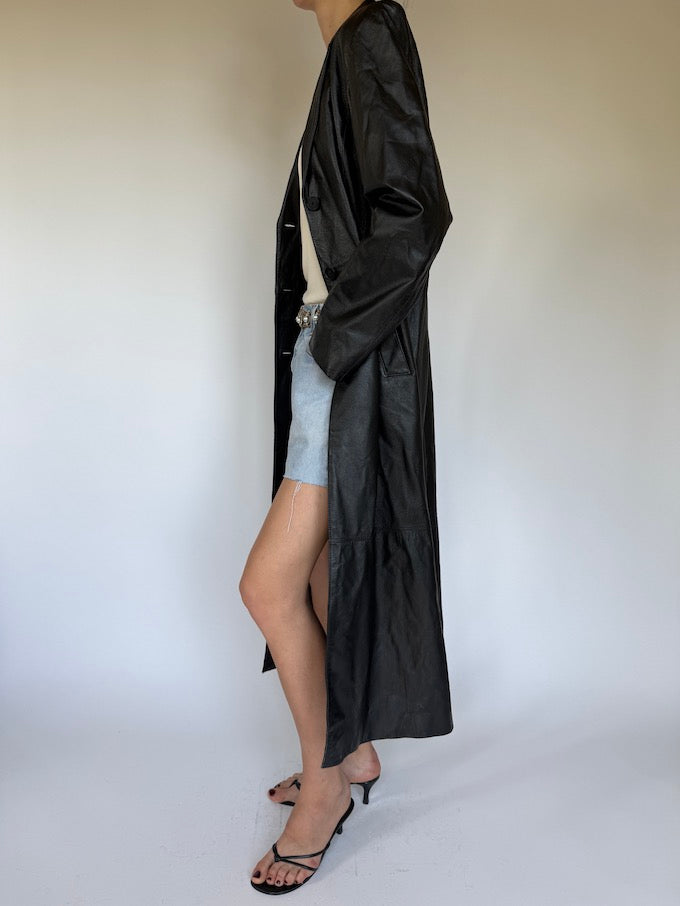 Vintage long leather jacket black 6351