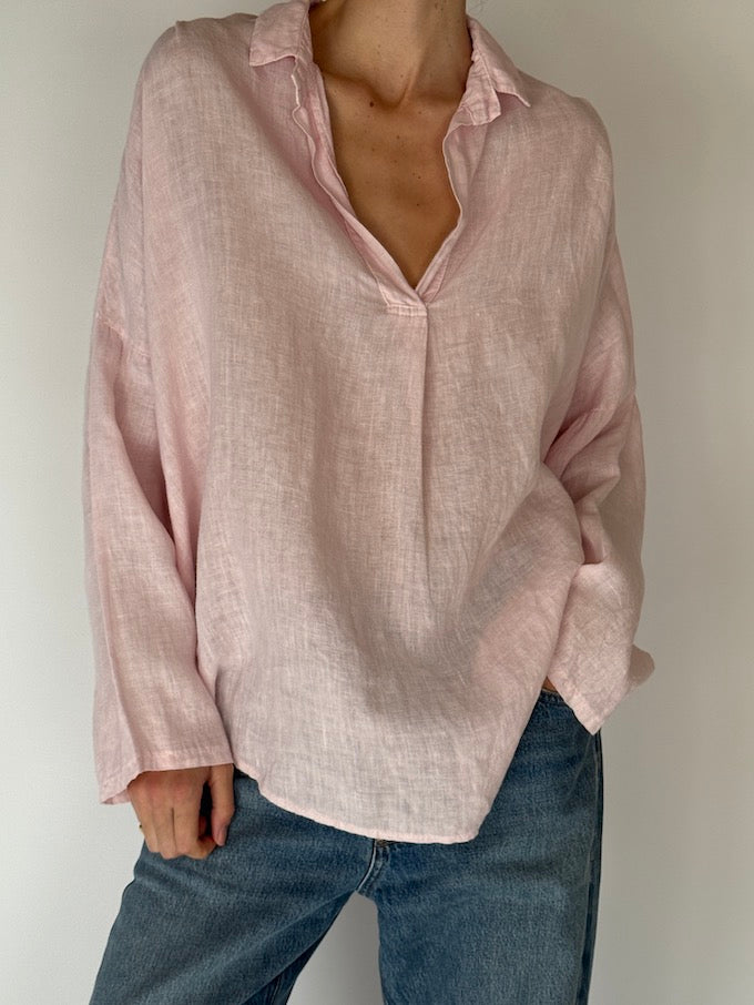 Vintage Linen Oversized Popover Shirt in Soft Pink 6663