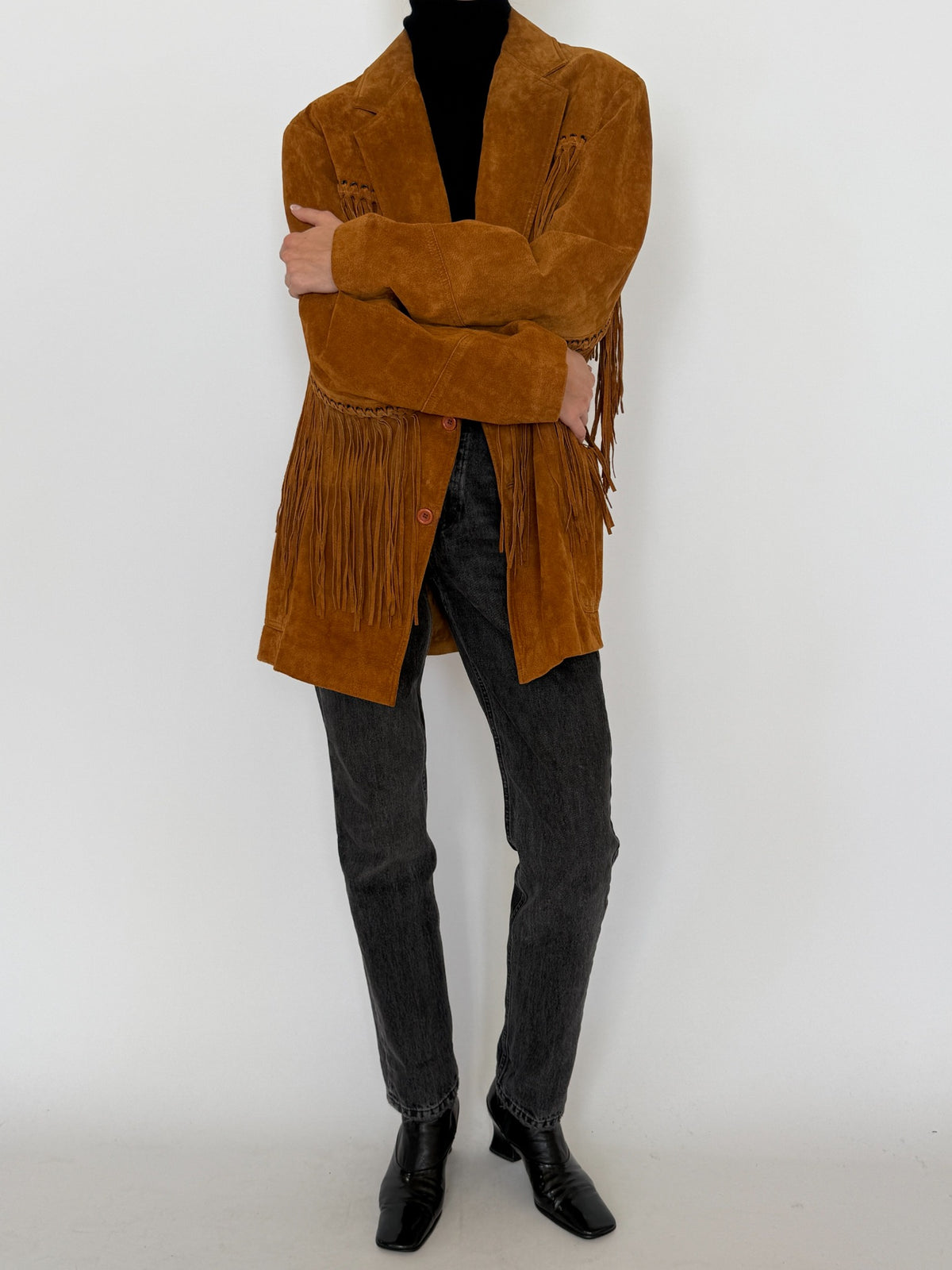 Vintage cognac suede fringe blazer