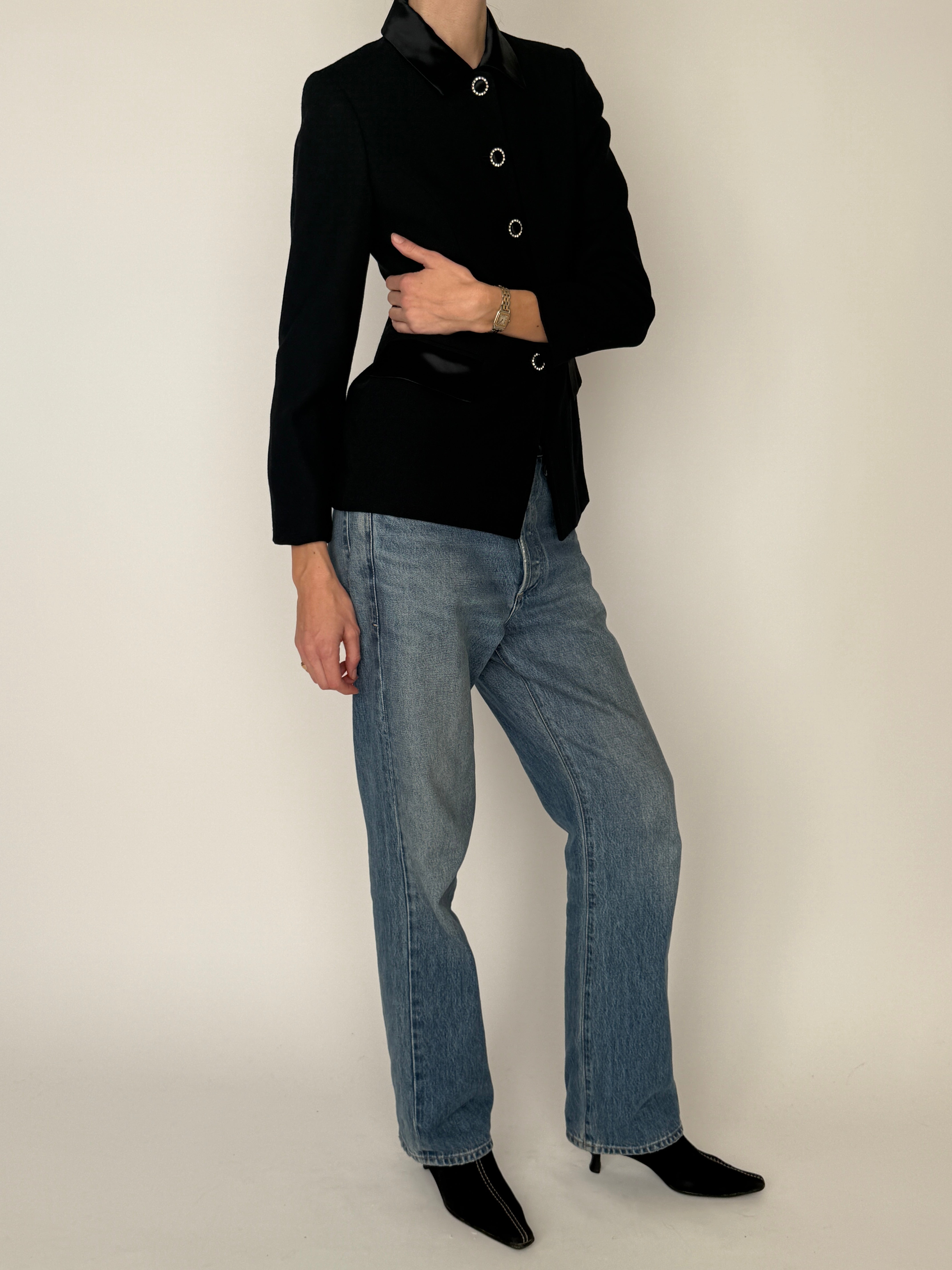 Vintage black wool blazer front view full body