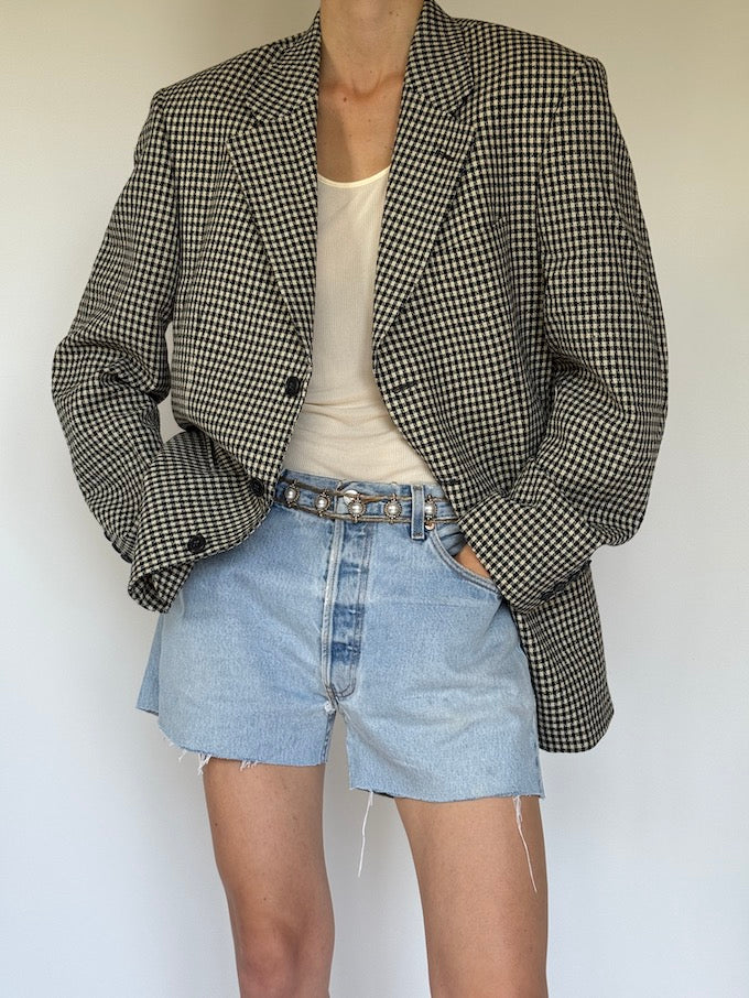 Vintage black and cream small checked blazer 6352