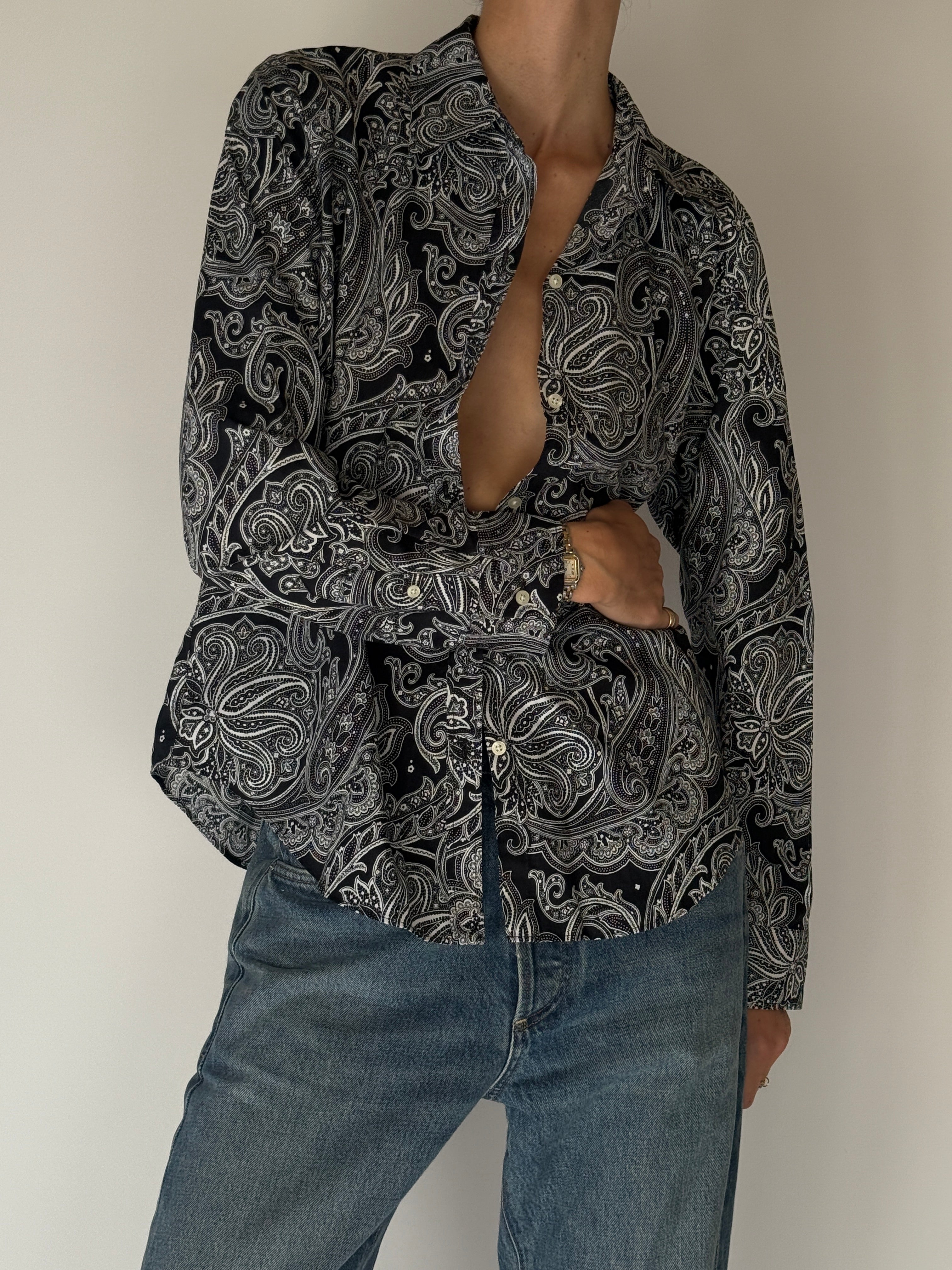 Vintage Ralph Lauren Paisley Button-Down Shirt Black & White 6665