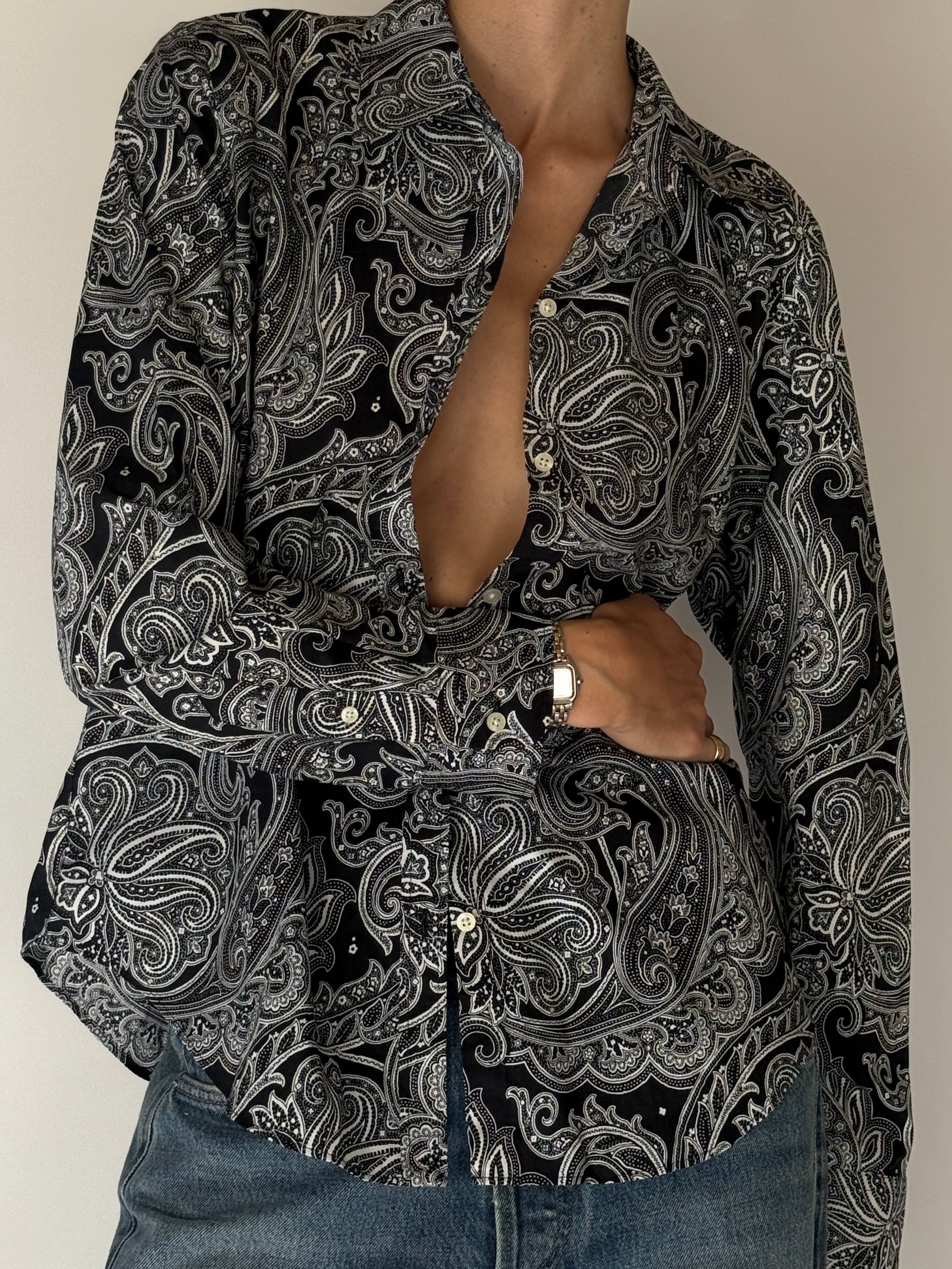 Vintage Ralph Lauren Paisley Button-Down Shirt Black & White 6665