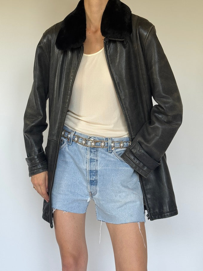 Vintage leather trench jacket with removable faux collar 6354