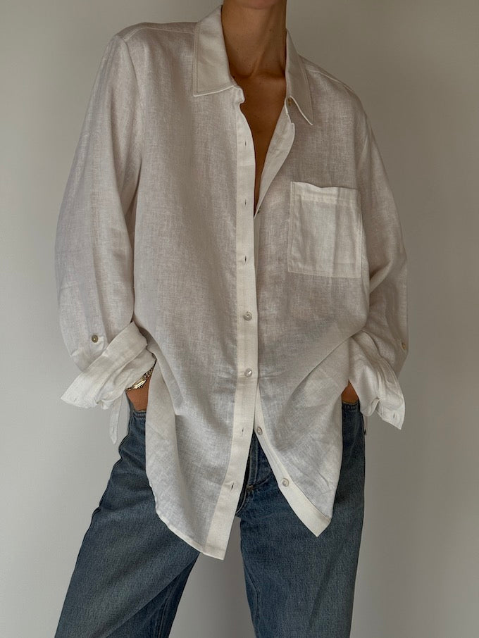 Vintage Linen-Blend Button-Up White 2666