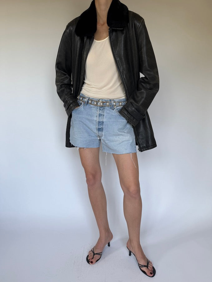 Vintage leather trench jacket with removable faux collar 6354