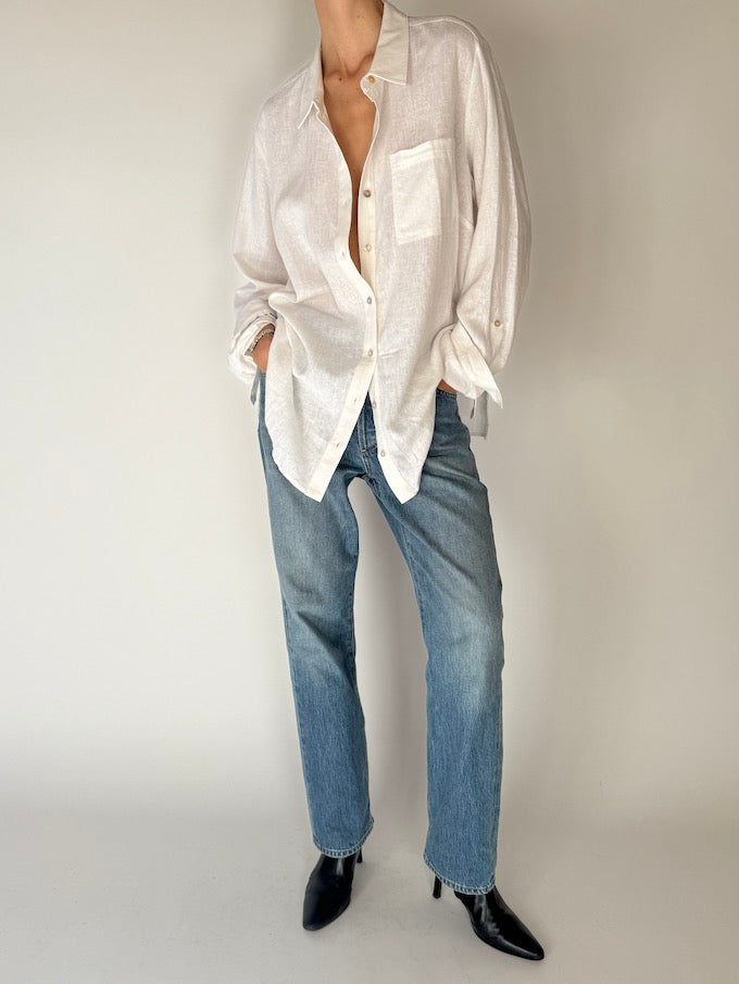 Vintage Linen-Blend Button-Up White 2666