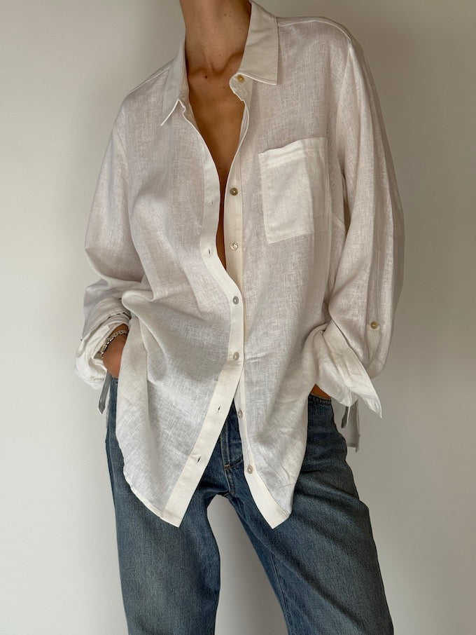 Vintage Linen-Blend Button-Up White 2666