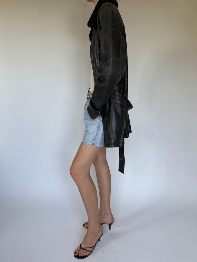Vintage leather trench jacket with removable faux collar 6354