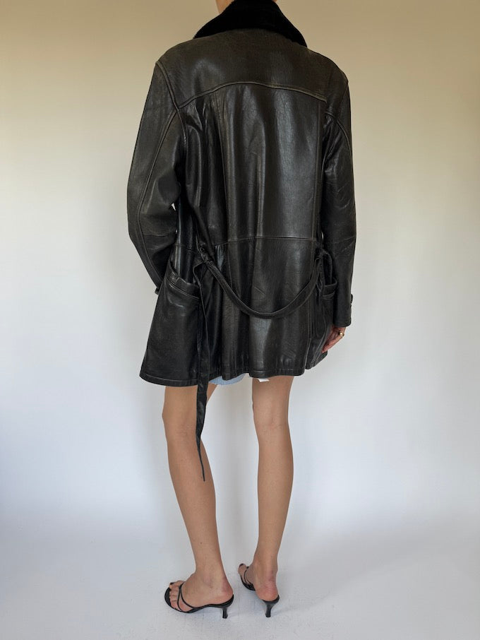 Vintage leather trench jacket with removable faux collar 6354