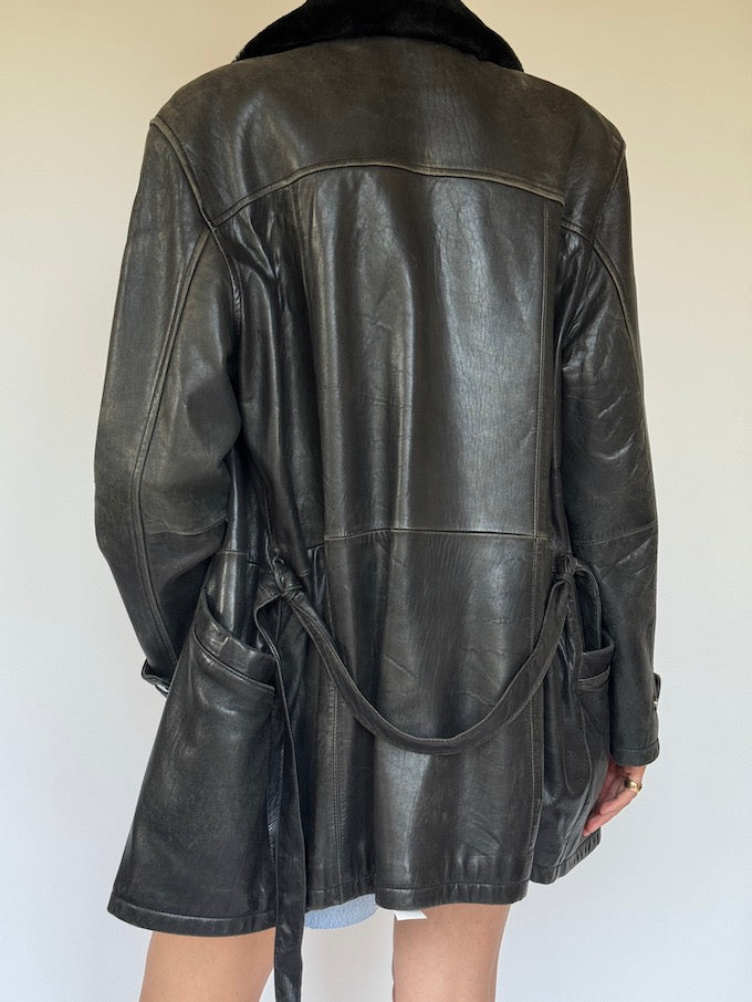 Vintage leather trench jacket with removable faux collar 6354