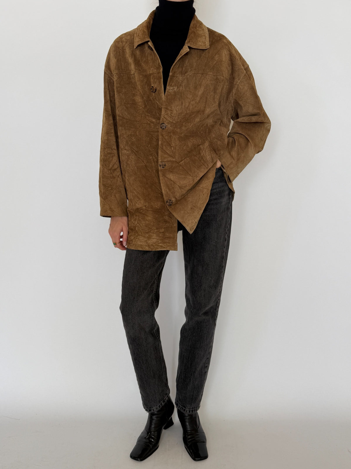 Vintage brown suede leather shirt jacket, front back and detail