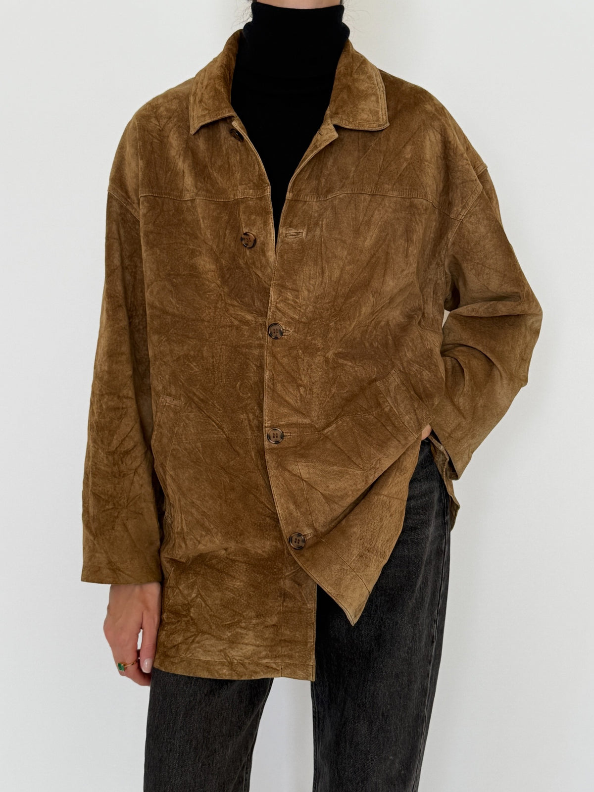 Vintage brown suede leather shirt jacket, front back and detail