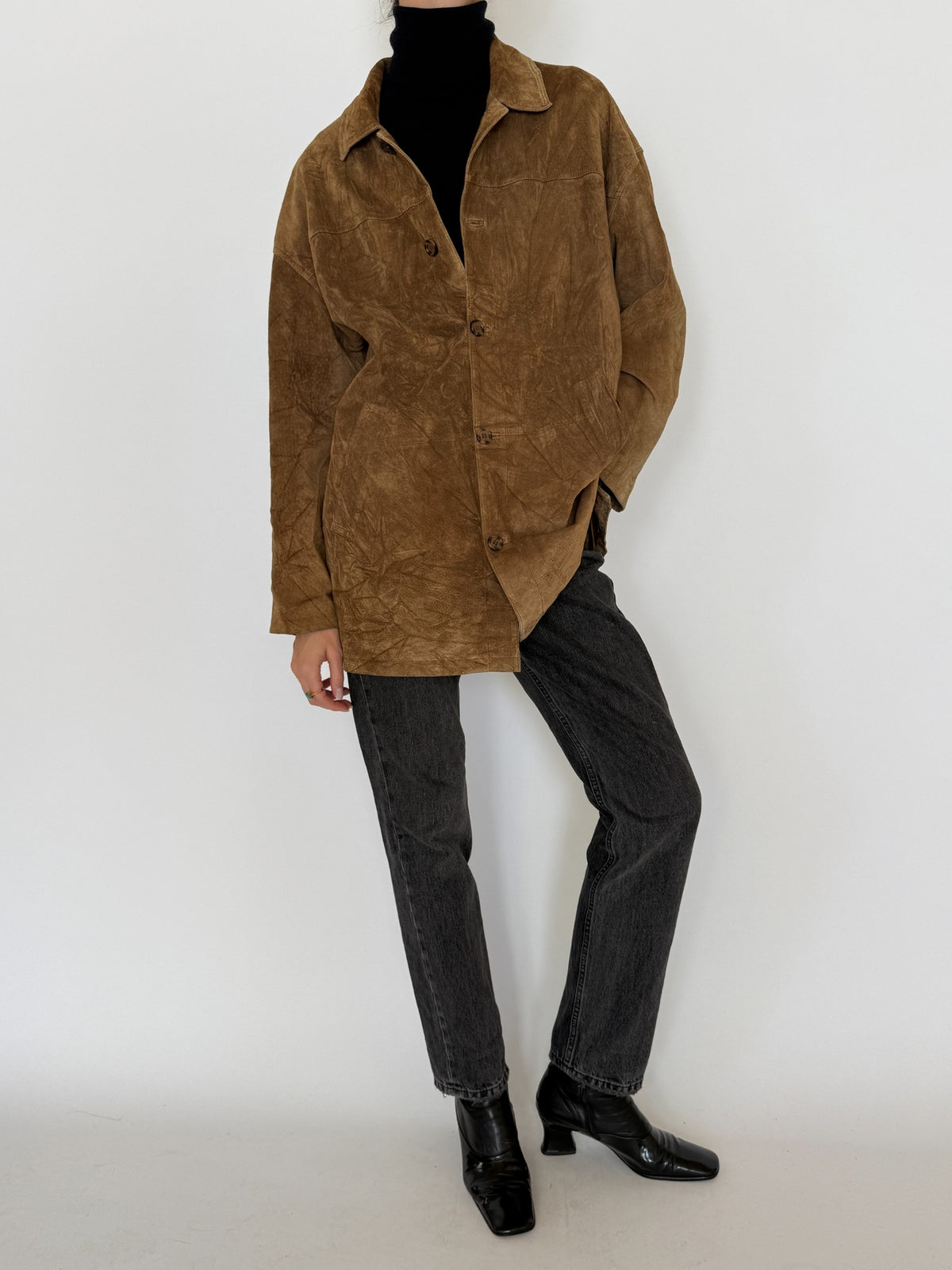 Vintage brown suede leather shirt jacket, front back and detail