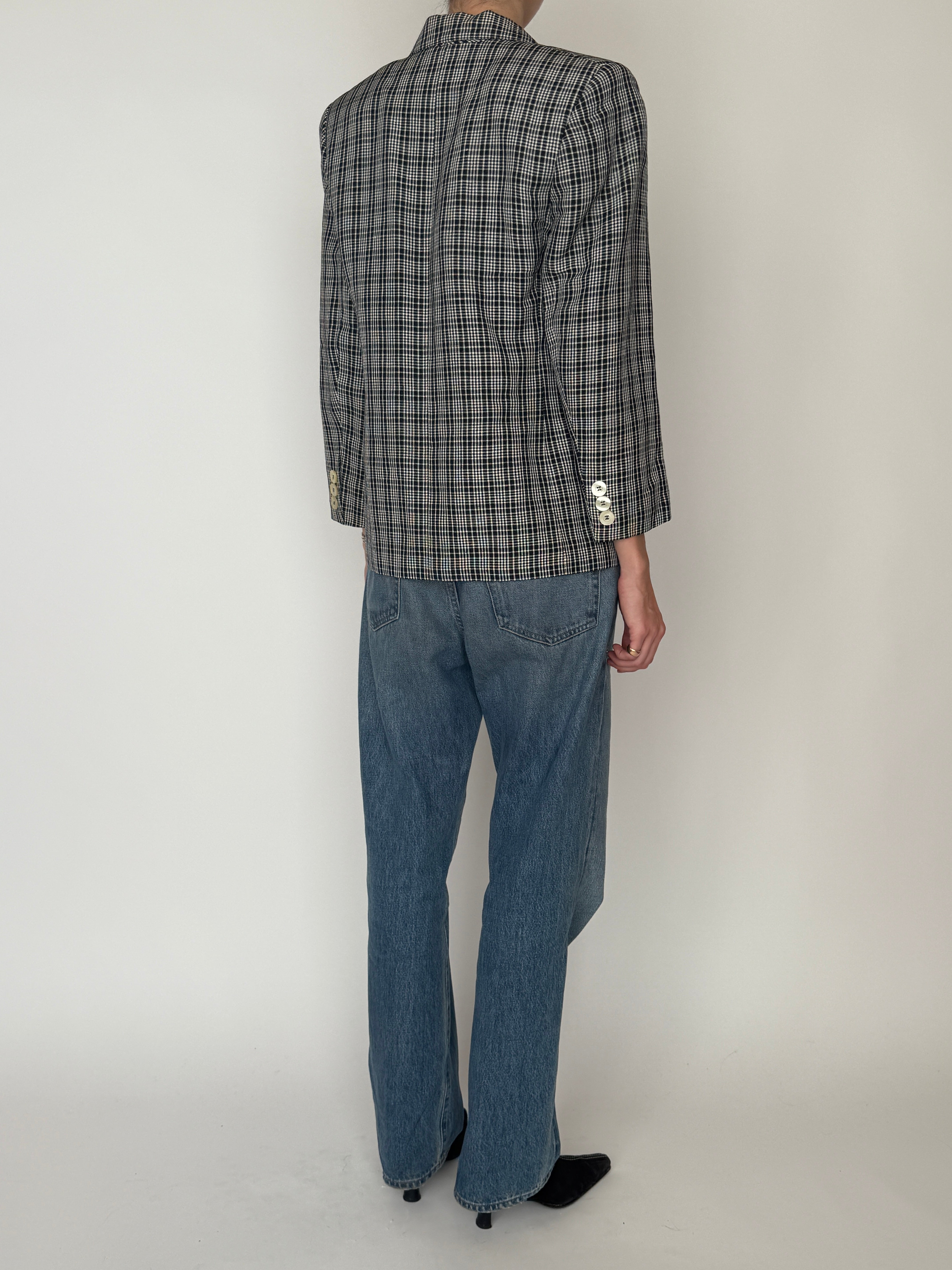 Vintage black ivory plaid blazer back view structured fit