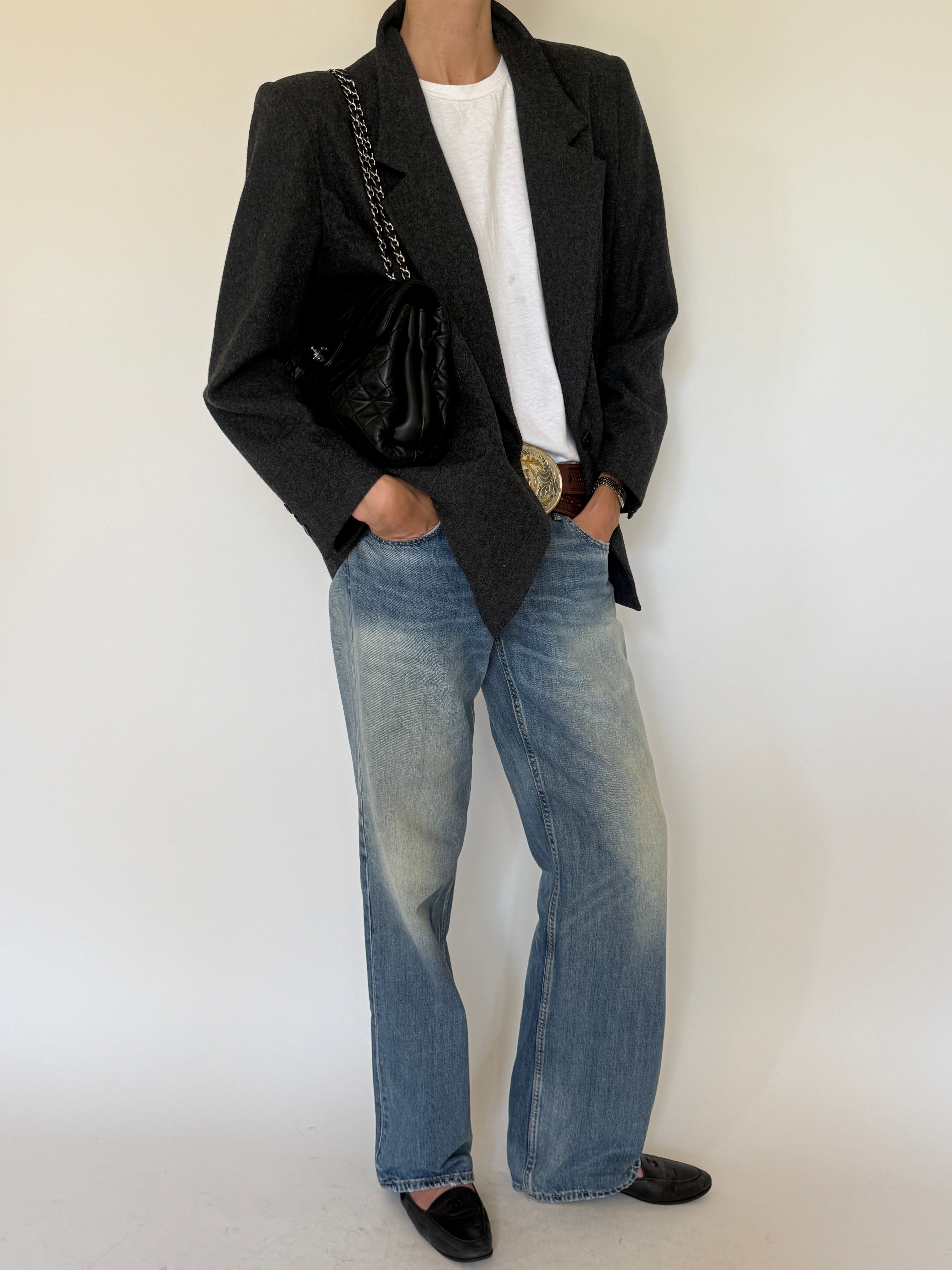 Vintage classic grey wool blazer full-length view