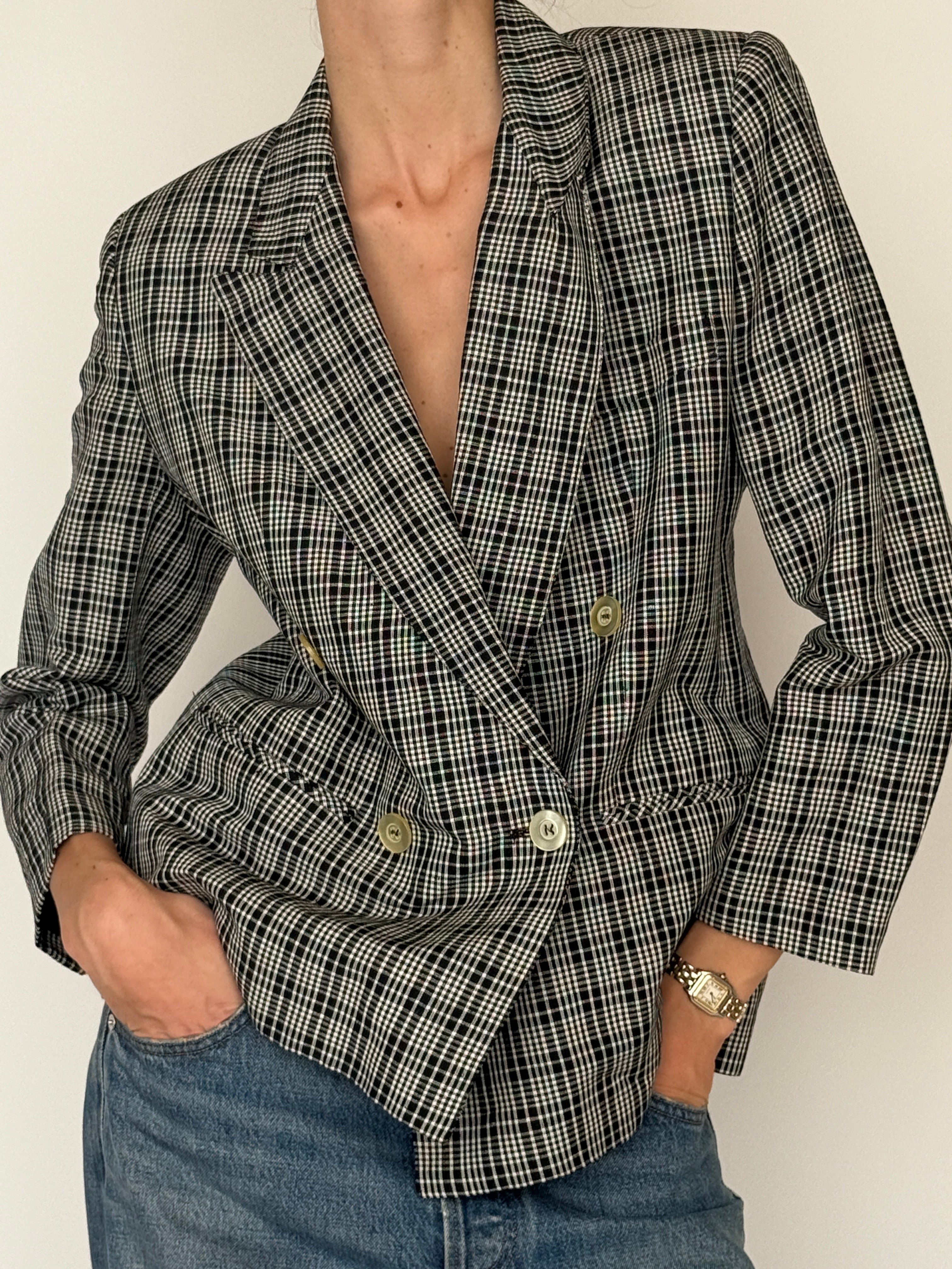 Vintage black ivory plaid blazer button detail front closure