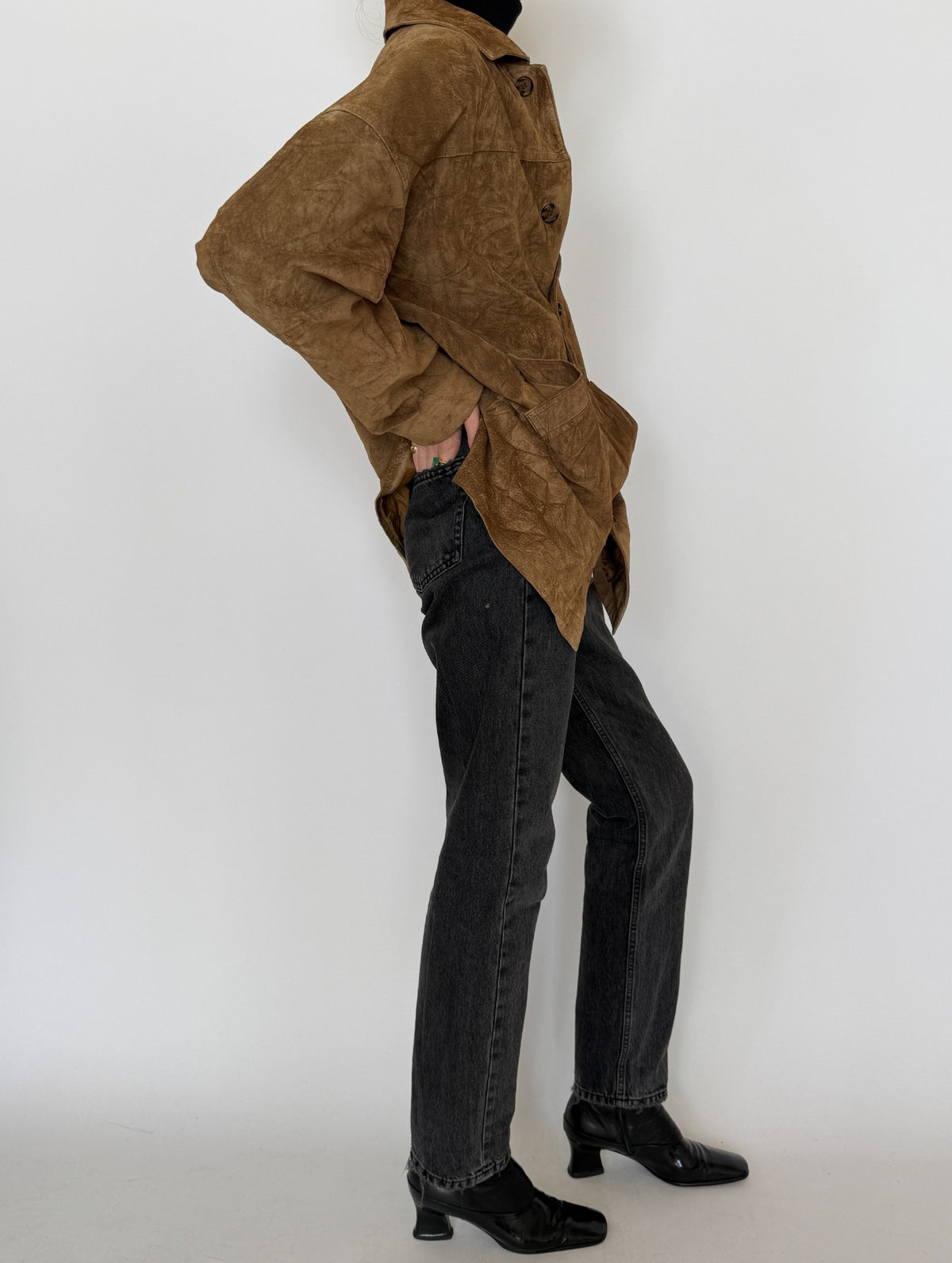 Vintage brown suede leather shirt jacket, front back and detail