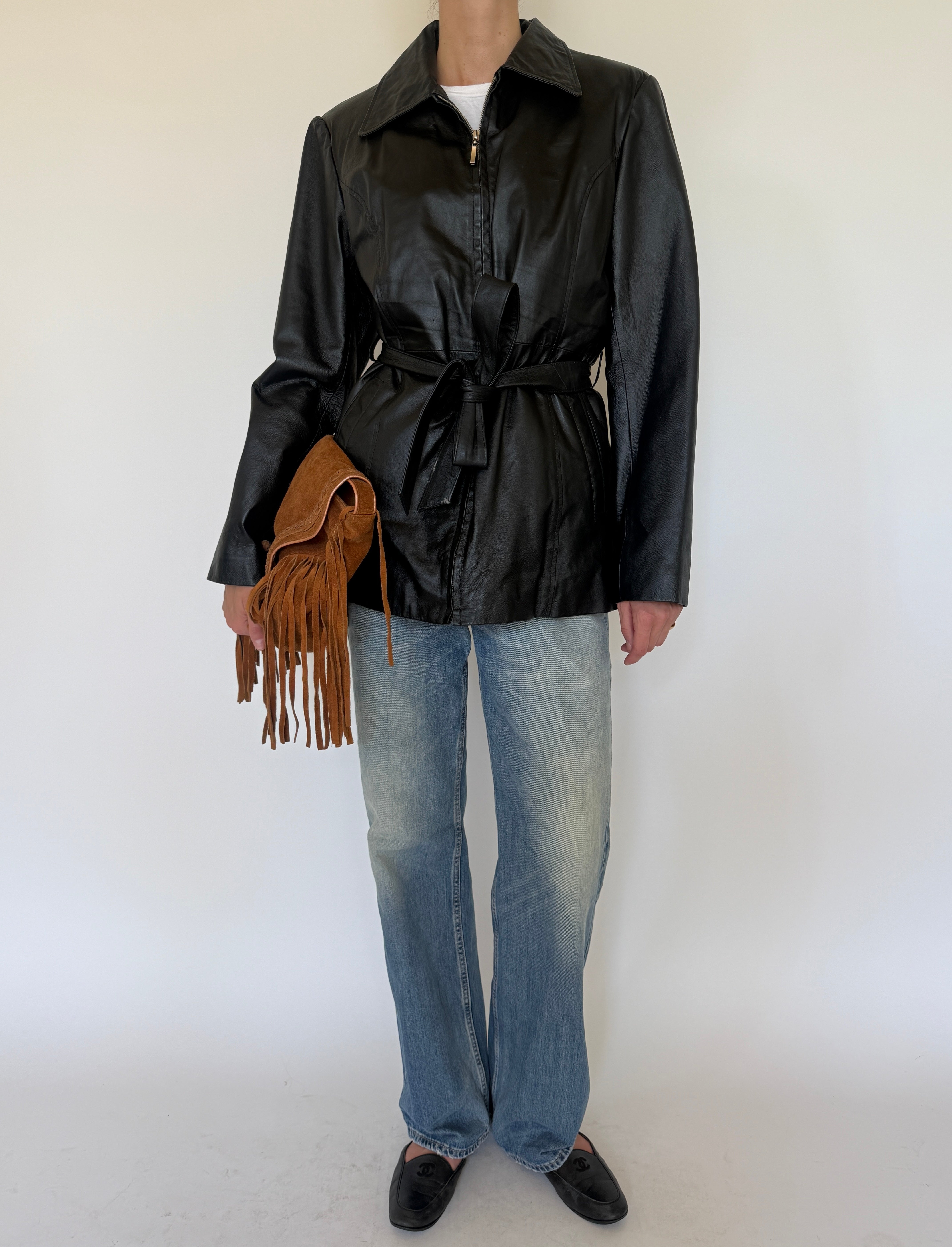 Vintage black belted leather jacket front view