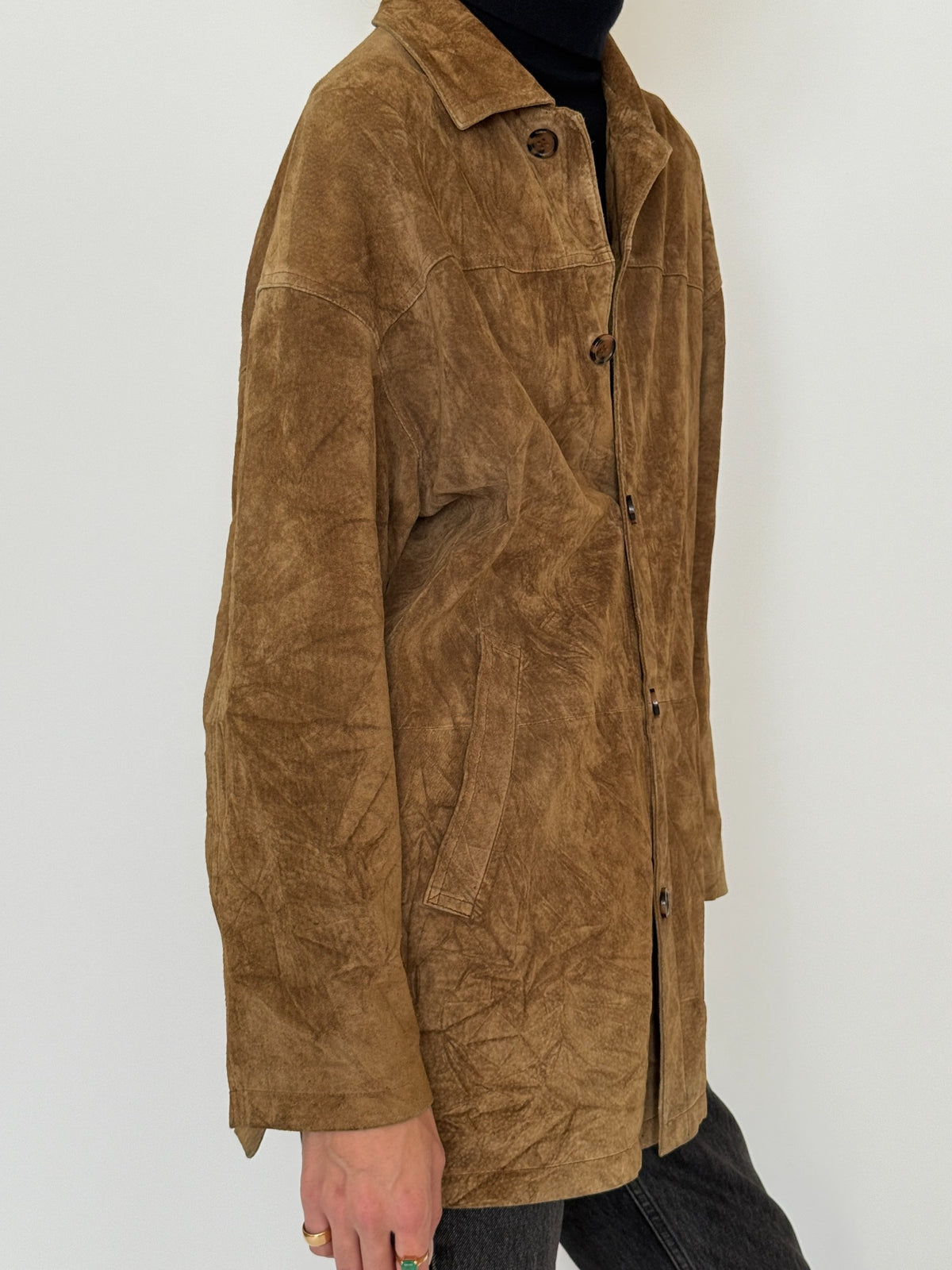 Vintage brown suede leather shirt jacket, front back and detail