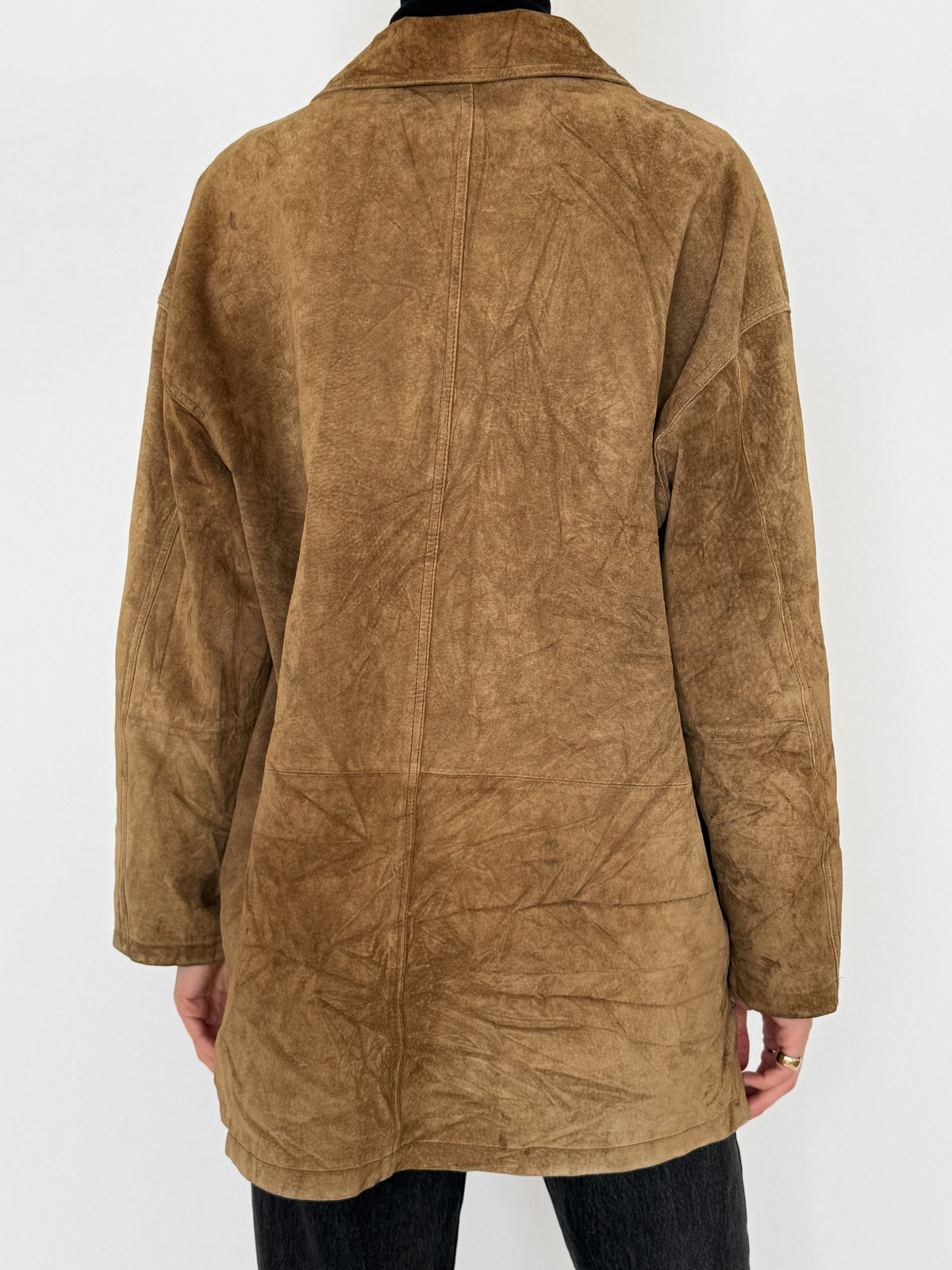 Vintage brown suede leather shirt jacket, front back and detail