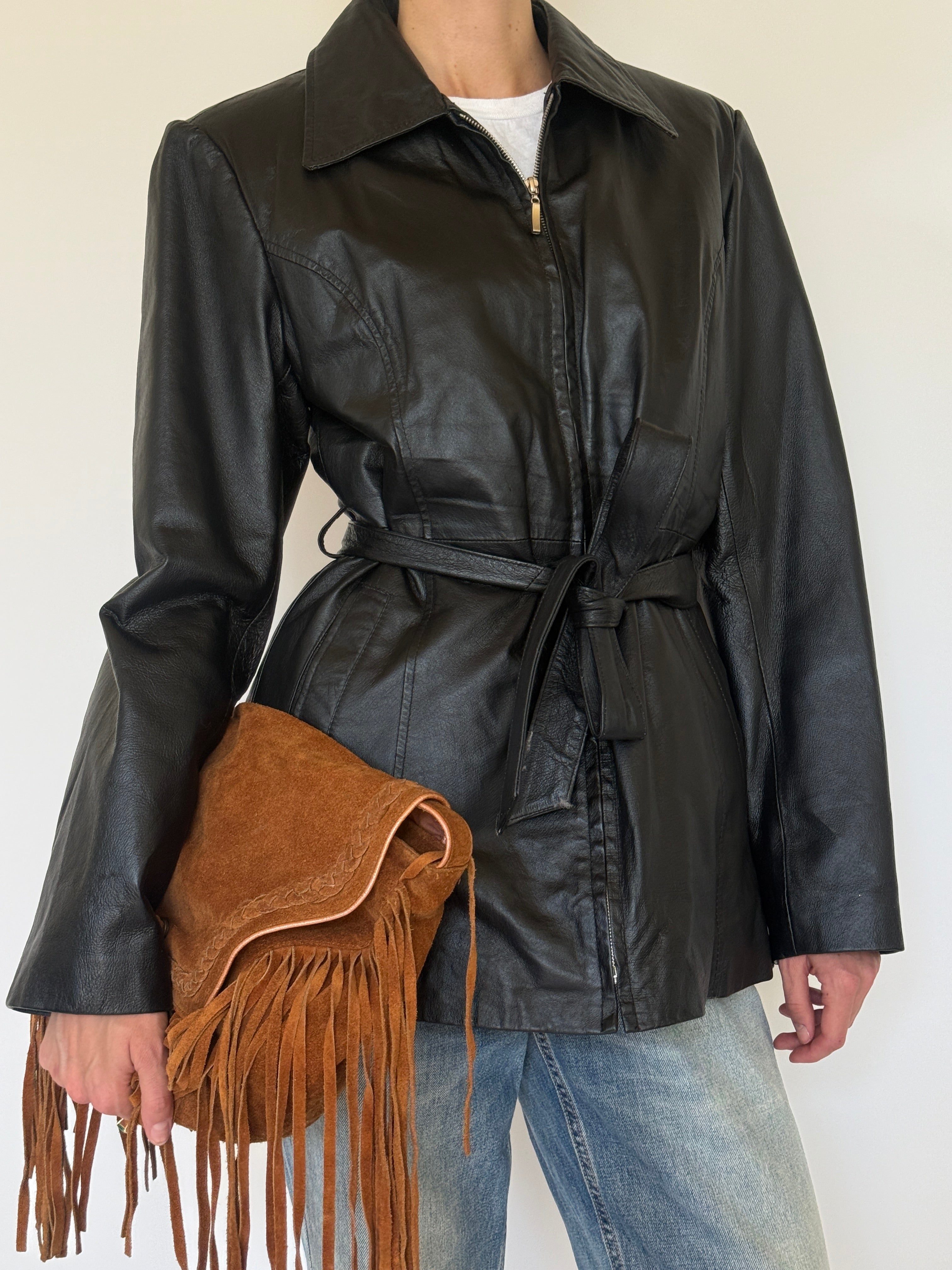 Vintage black belted leather jacket front view