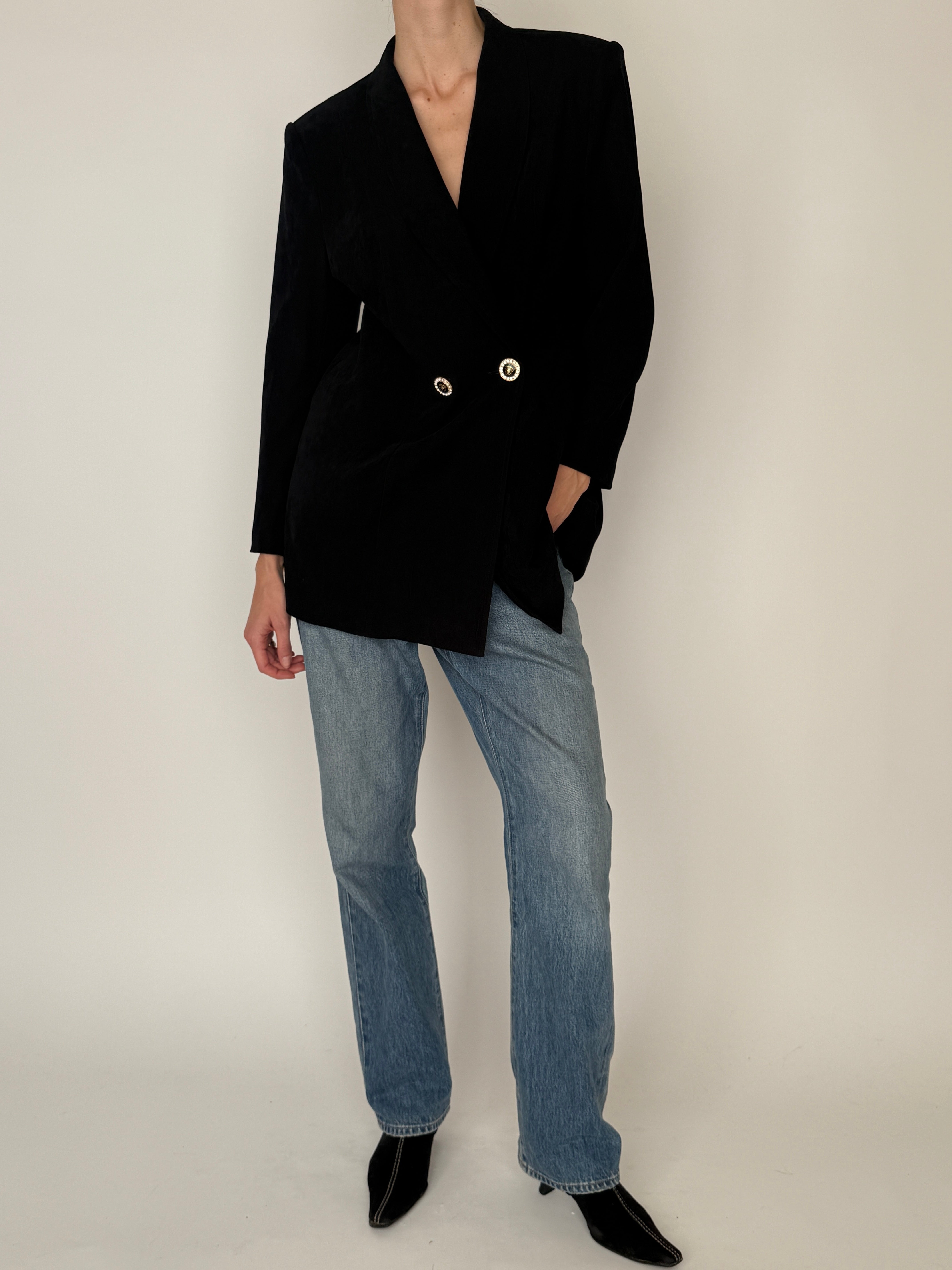 Vintage fully lined black double-breasted blazer back view styled